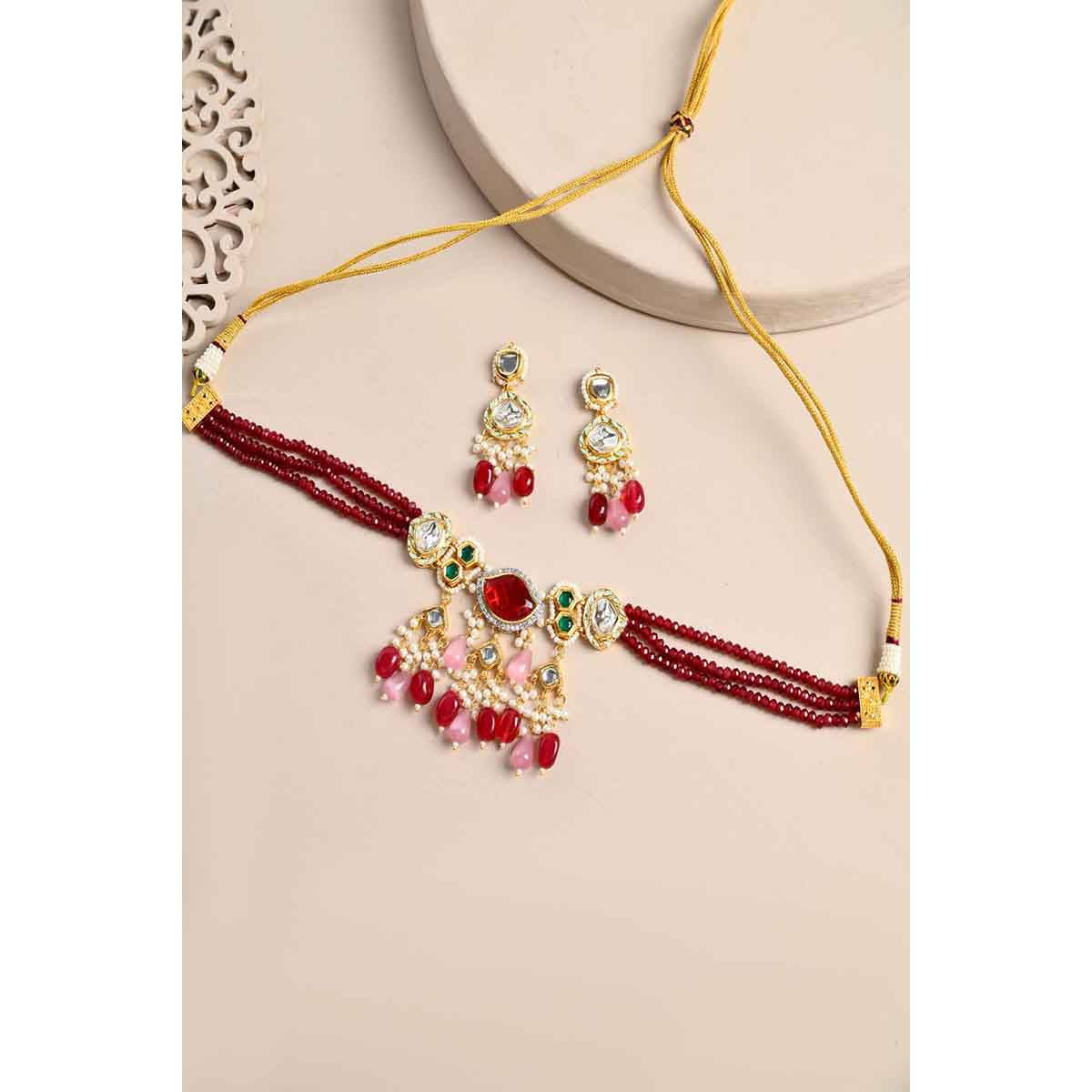 DASTOOR Red Gold Plated Designer Necklace with Earrings