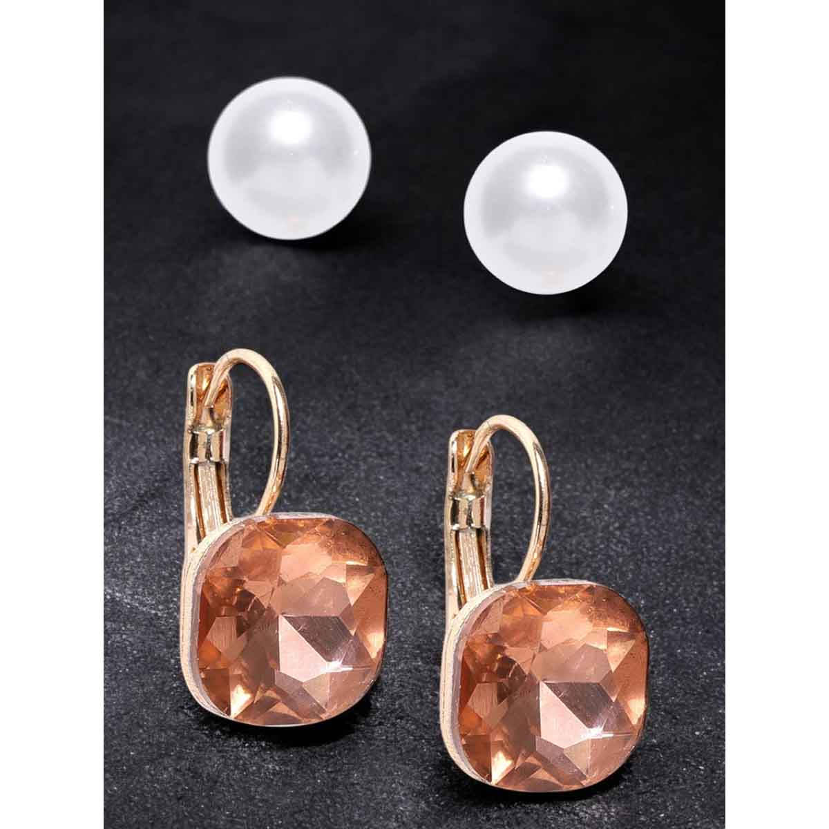 OOMPH White Pearl Brown Zirconia In Gold Tone Fashion Drop Earrings (Set Of 2)