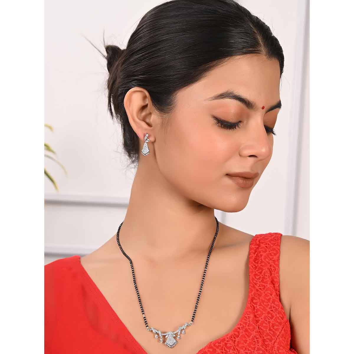 Ratnavali Jewels Silver Plated American Diamond Studded Modern Mangalsutra with Earrings