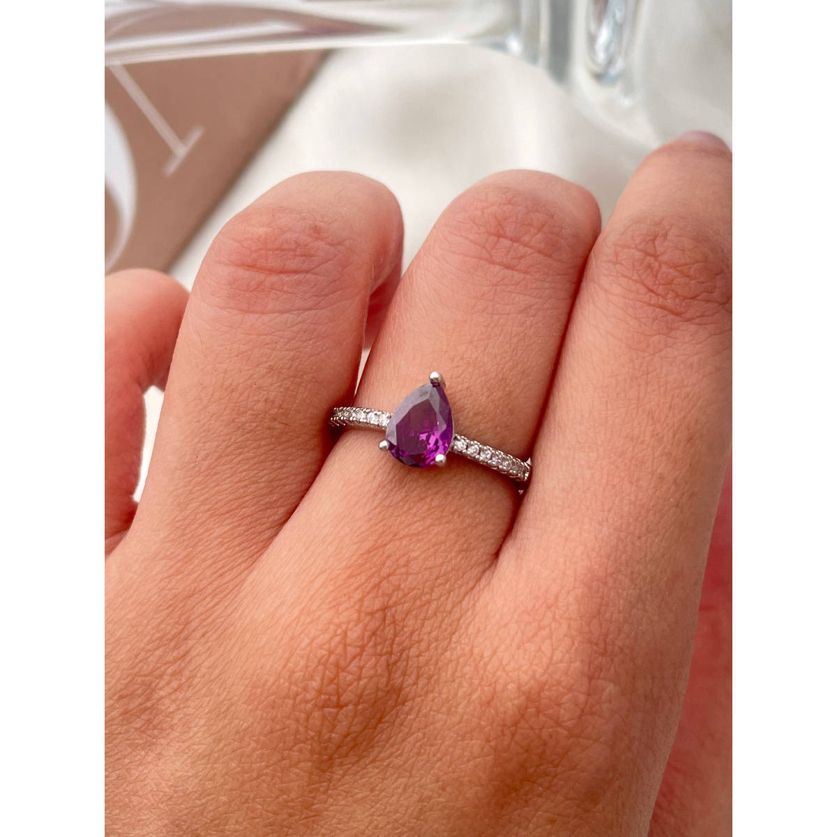ISHKAARA Rhodium Plated Adjustable Purple Teardrop Crystal Finger Ring for Women