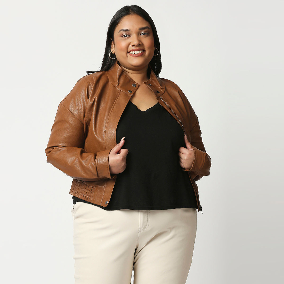 plus size leather jacket brown