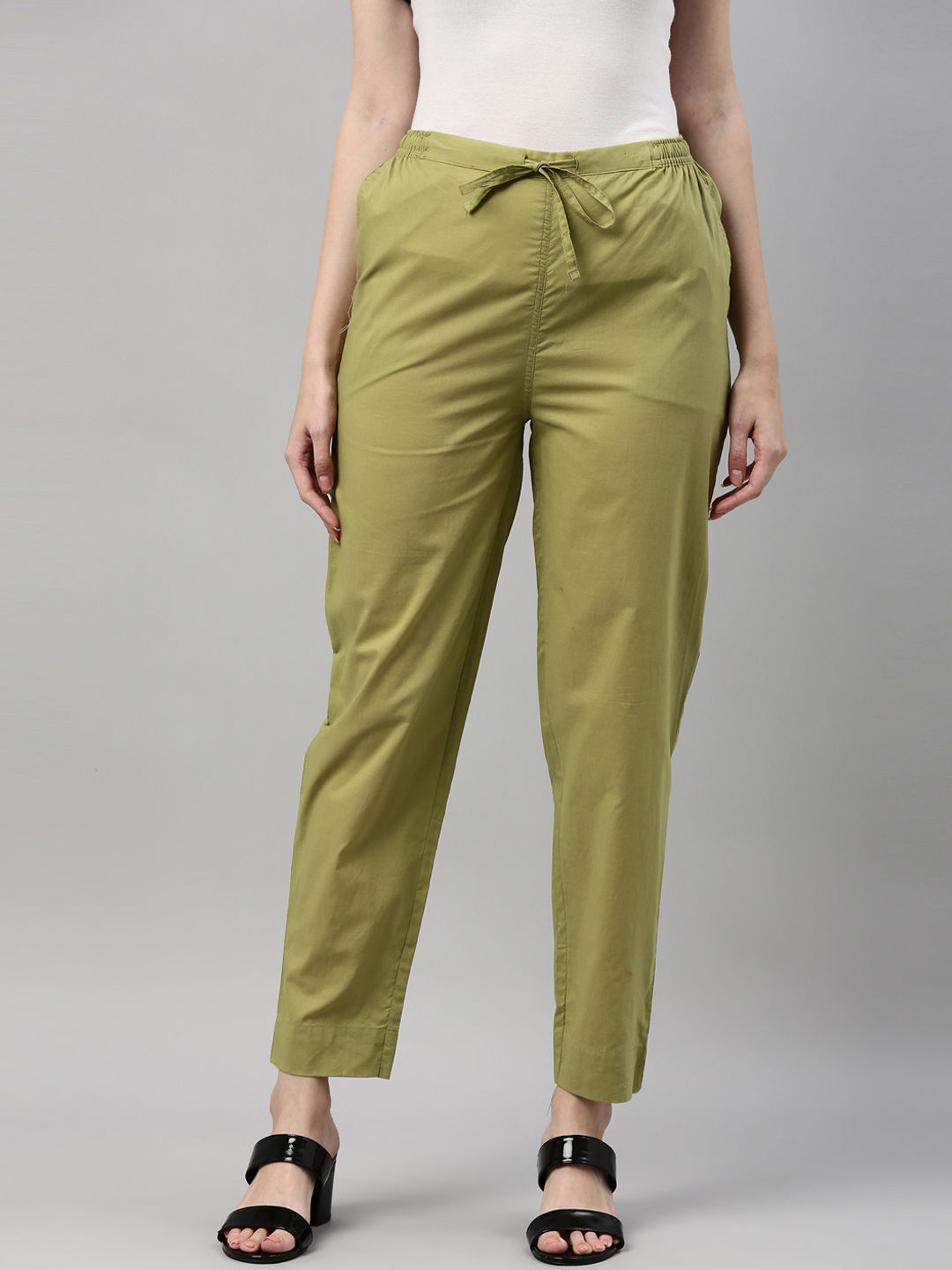 Women Green Cotton Silk Floral Foil Pencil Pants