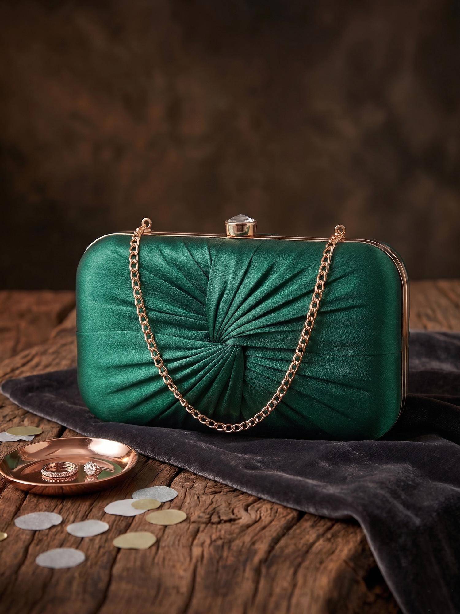 ESBEDA Womens Green Luxe Radiant Pleat Clutch with Detachable Strap (S)