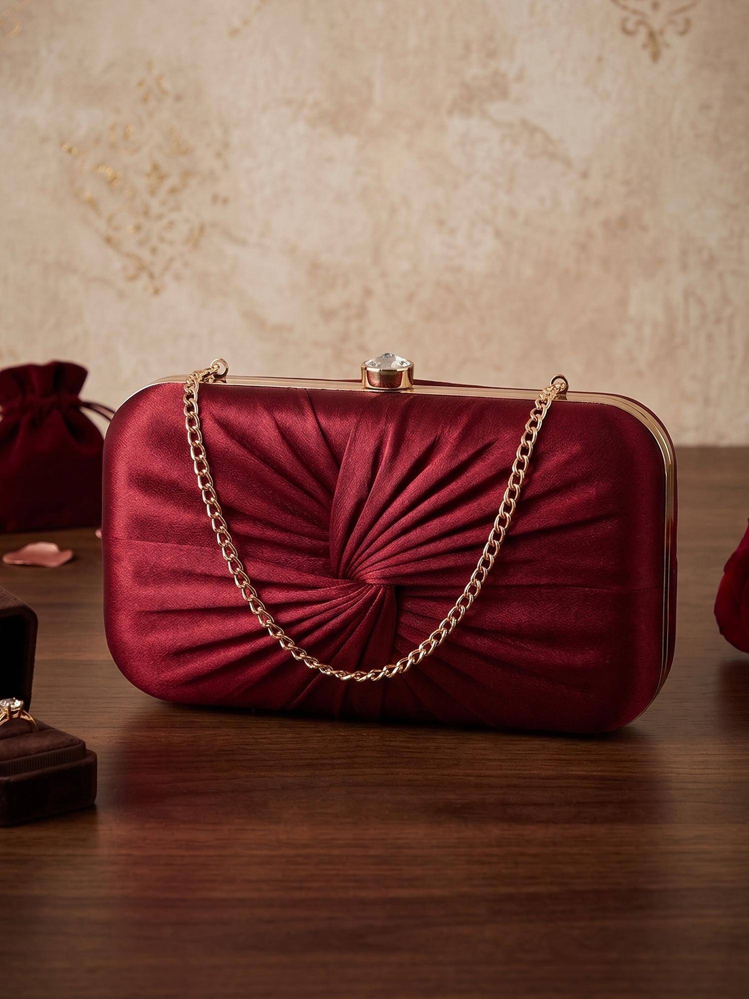 ESBEDA Womens Maroon Luxe Radiant Pleat Clutch with Detachable Strap (S)