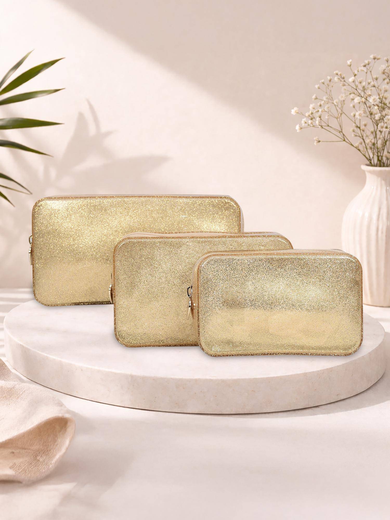 ESBEDA Gold Luxespark Glitter Silicone Travel Organizer Pouch (Pack of 3) (M)
