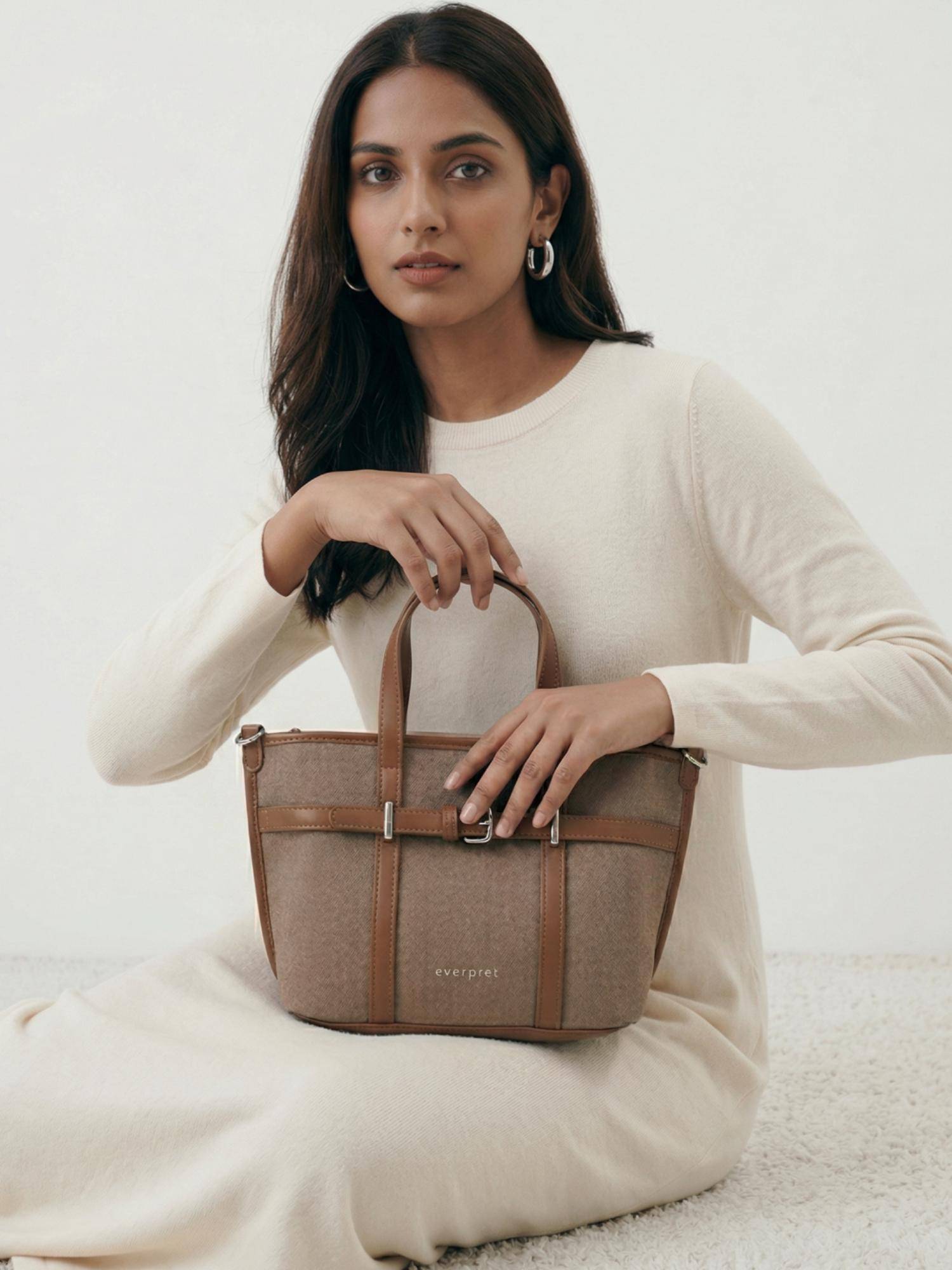 Everpret Brown Spacious Organized Interior Celeste Satchel Bag with Detachable Strap