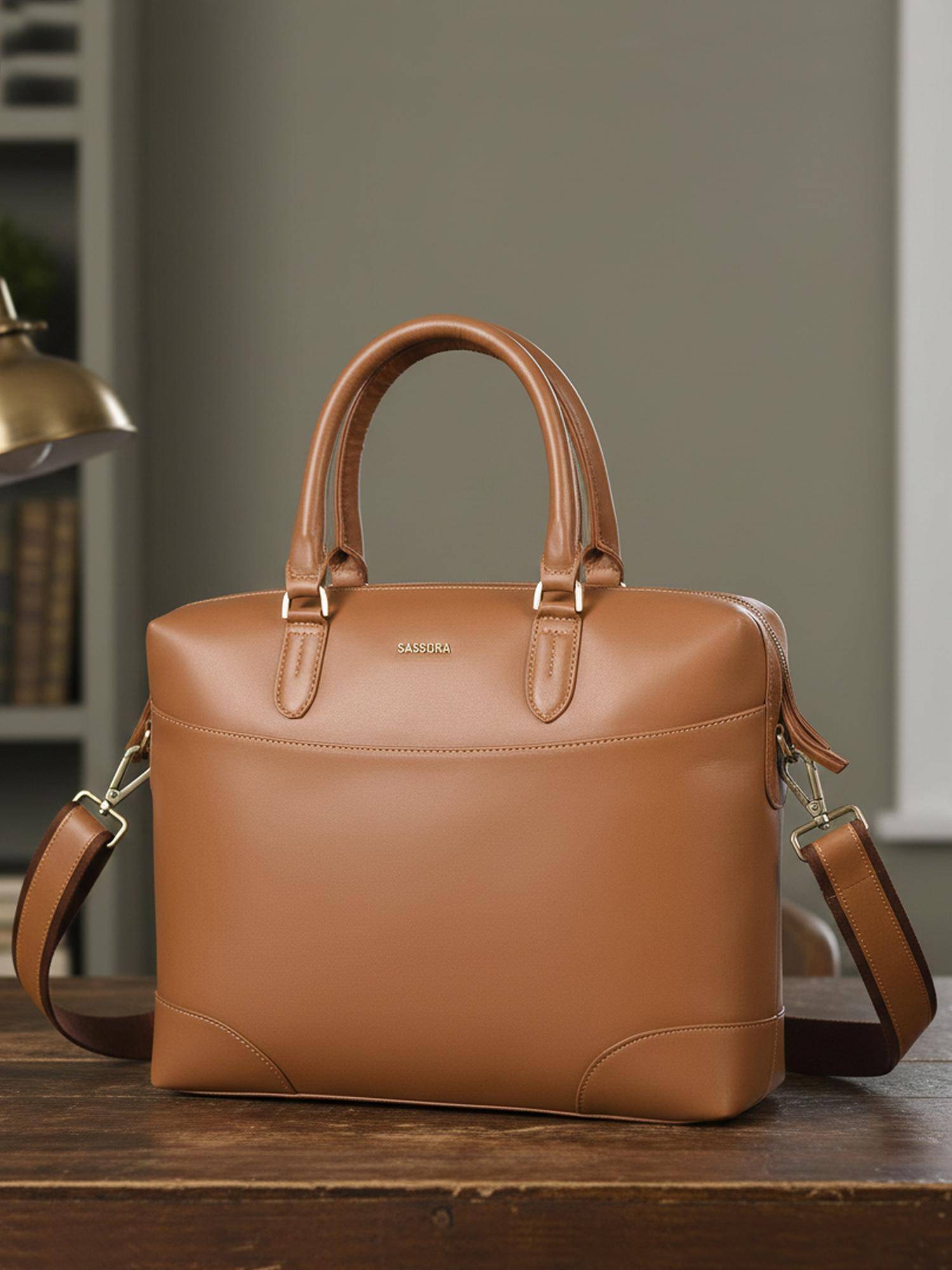 Sassora Unisex Tan Genuine Leather 16-Inch Laptop Messenger Bag (L)