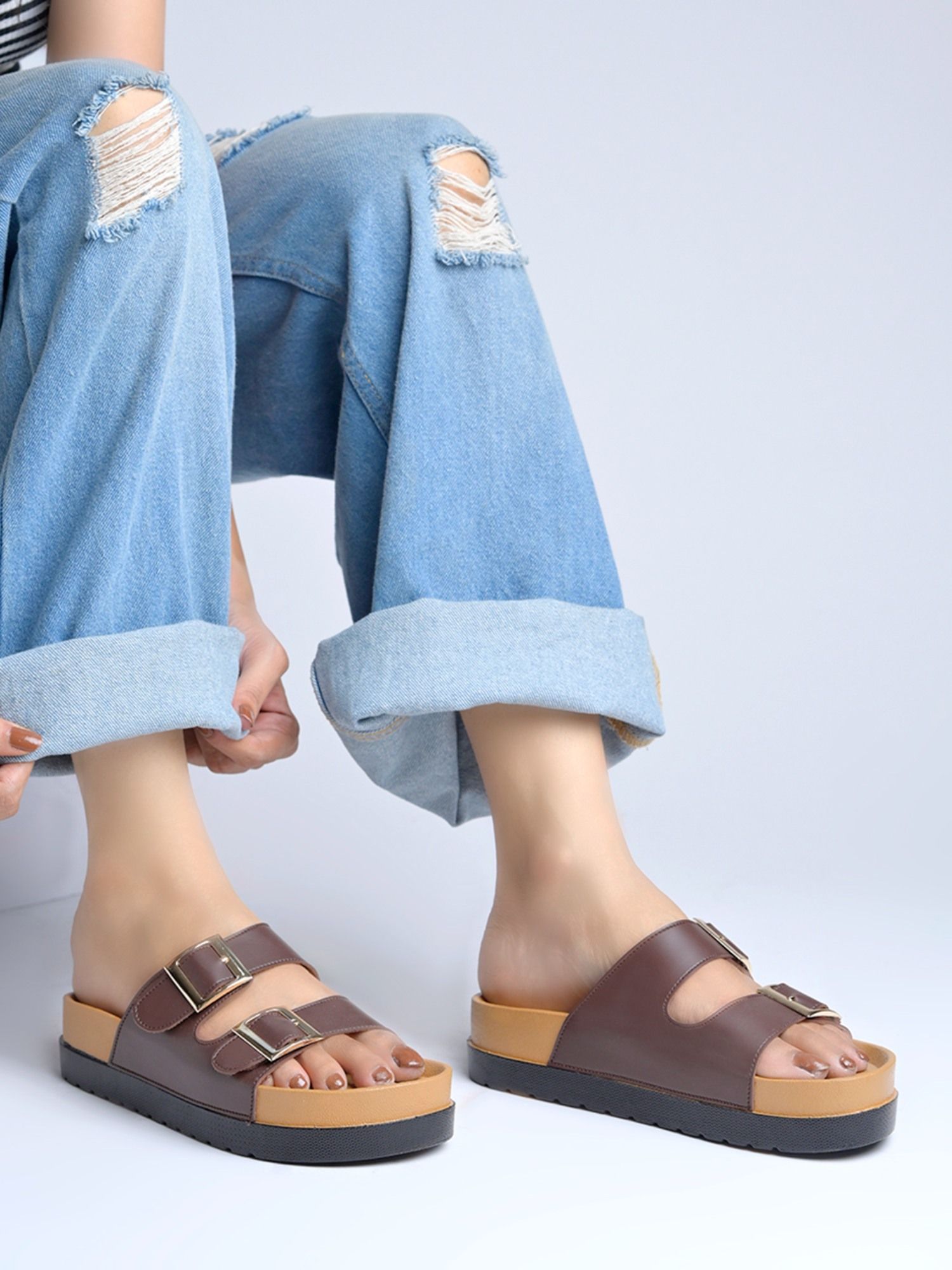Buy Shoetopia Women'S Brown Double-Strap Buckle Platform Heels Online