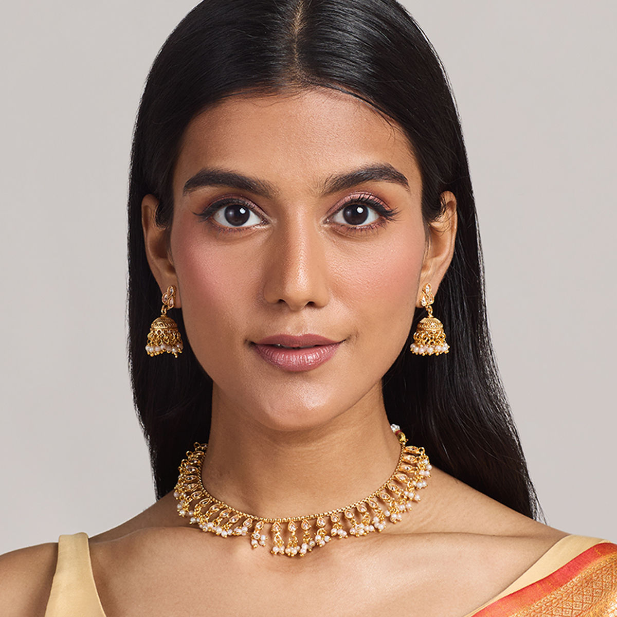 Buy Azai by Nykaa Fashion Gold Crystal and Pearl Droplets Hangings Necklace Jhumki Jewellery Set Online