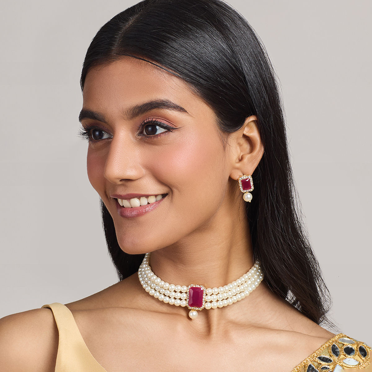 Buy Azai by Nykaa Fashion Red Stone Pearl Choker Necklace Drop Earrings Festive Jewellery Set Online