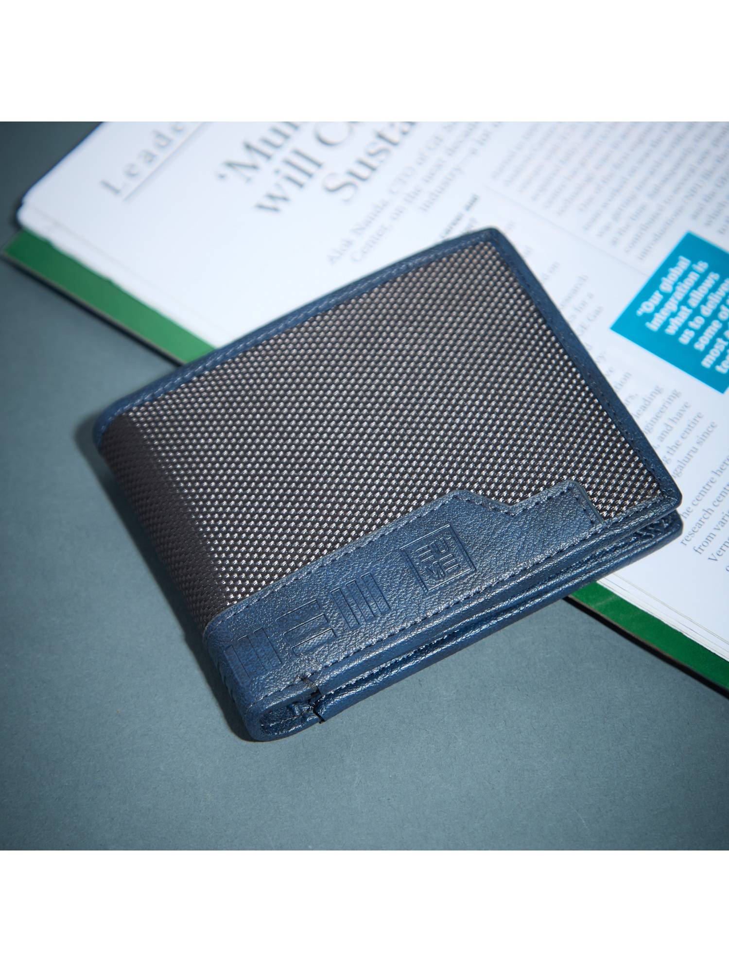 EUME Men Crest Slim Bifold Wallet With ID Slot & 6 Card Slots - Volcanic Blue