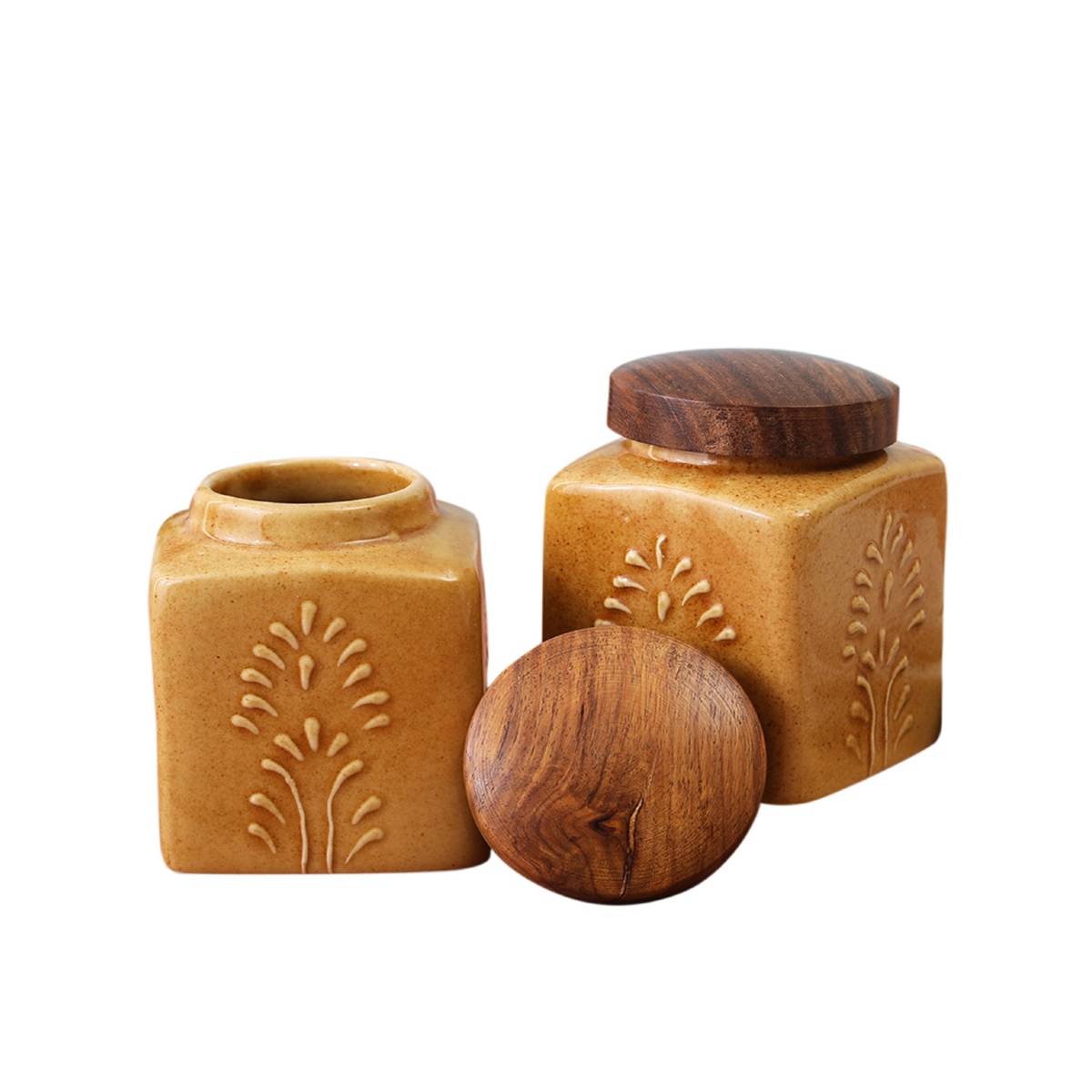 Buy VarEesha Gold Mustard Embossed Ceramic Square Chutney, Pickle Jars ...