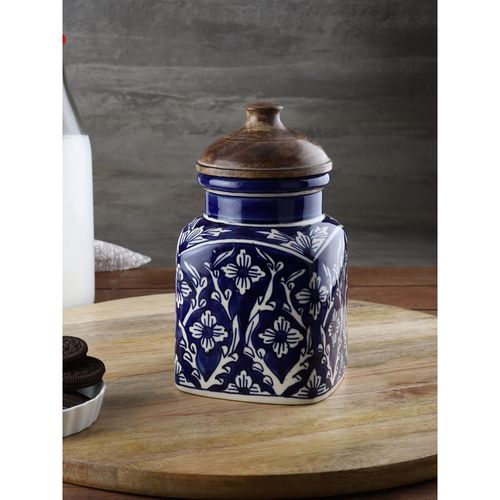 VarEesha Hand Painted Blue Mughal Airtight Ceramic Jar with Wooden Lid  1000 gms