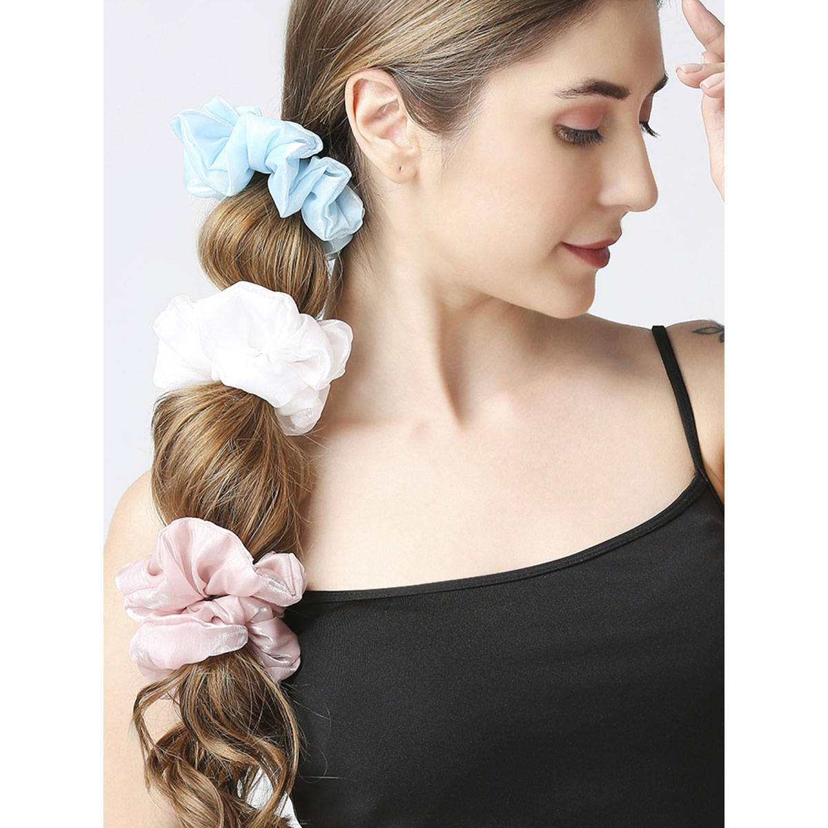 OOMPH Women Stylish Multi-Color Tissue Satin Scrunchies - Pack of 3