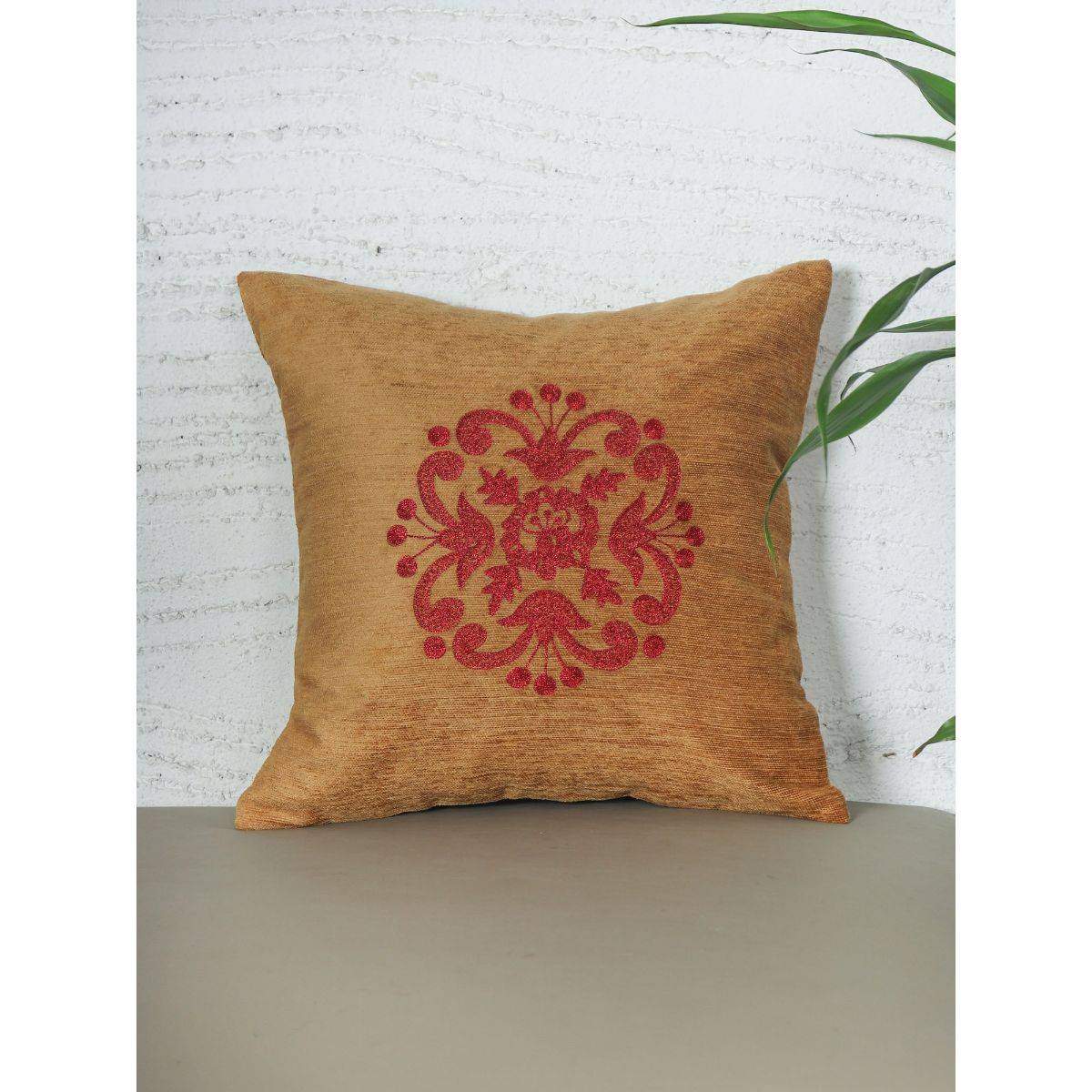Zeba World Square Cushion Cover for Sofa, Bed Motif Embroidery - Chenille Mustard Yellow 16x16 Inches