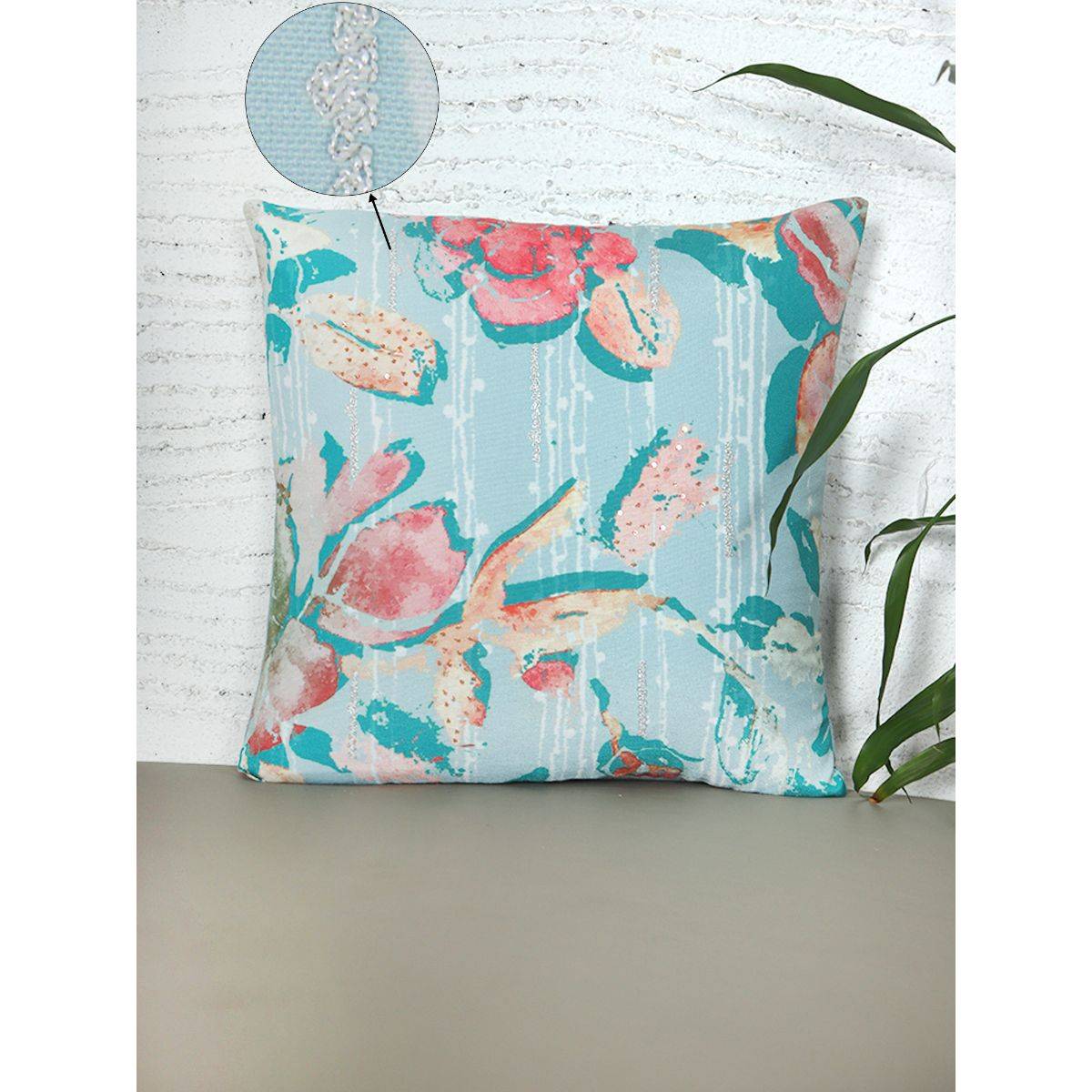 Zeba World Square Cushion Cover Hand Embroidery (Silver Zari) on Floral Print - Cotton Blend Multi 16x16 Inches