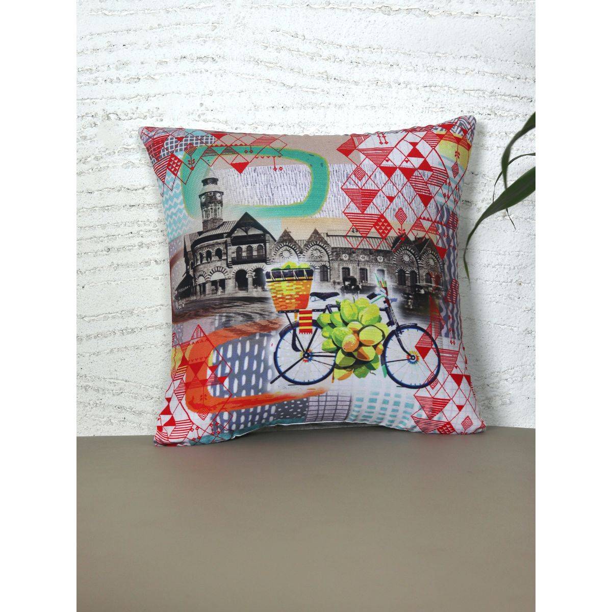 Zeba World Square Cushion Cover for Sofa, Bed Vintage Mumbai Print - Polycanvas Multicolor 16x16 Inches