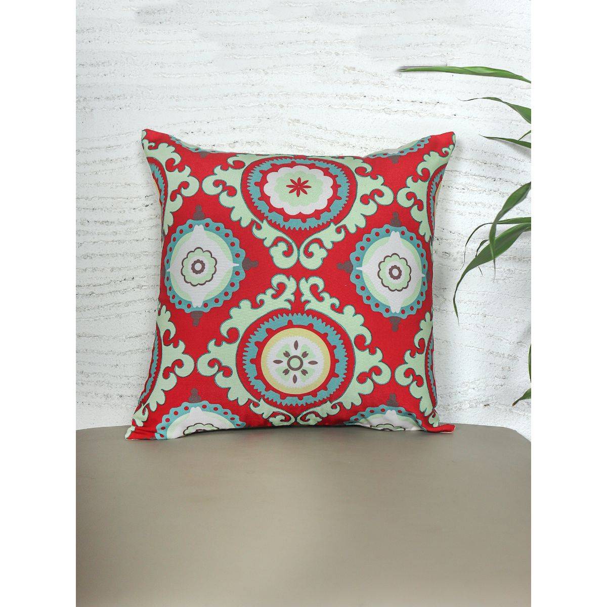 Zeba World Eurosham Square Cushion Cover Embroidery Highlights on Motif Print - Polycanvas Red 20x20 Inches