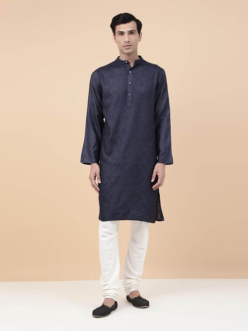 Buy Fabindia Navy Blue Silk Chikankari Long Kurta Online