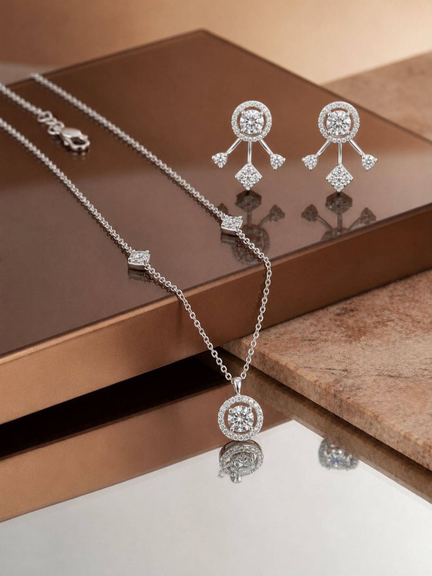 LuxeVogue 925 Sterling Silver Starry Necklace and Matching Earrings Set
