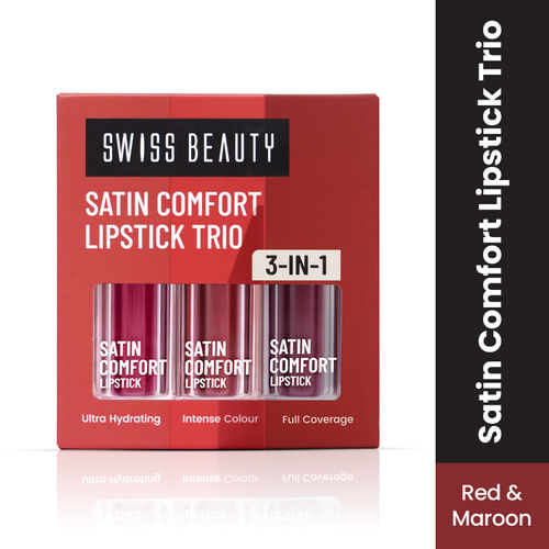 Swiss Beauty Satin Comfort Lipstick Trio 3-In-1 Combo - 3 Red And Maroon