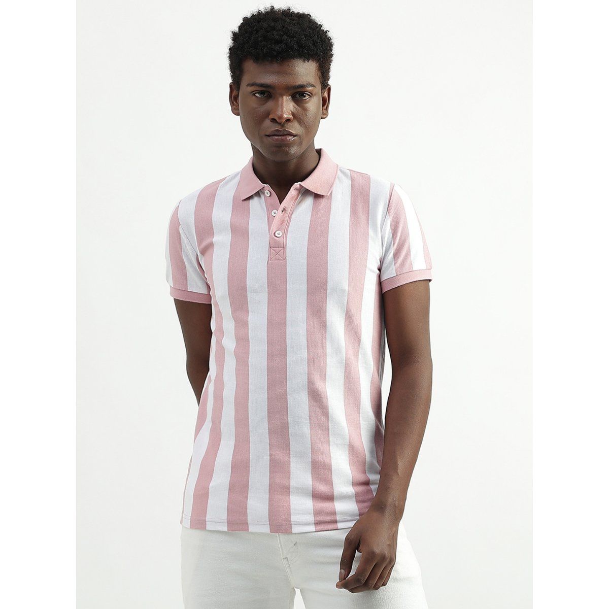 Men's pink and shop white striped polo shirt