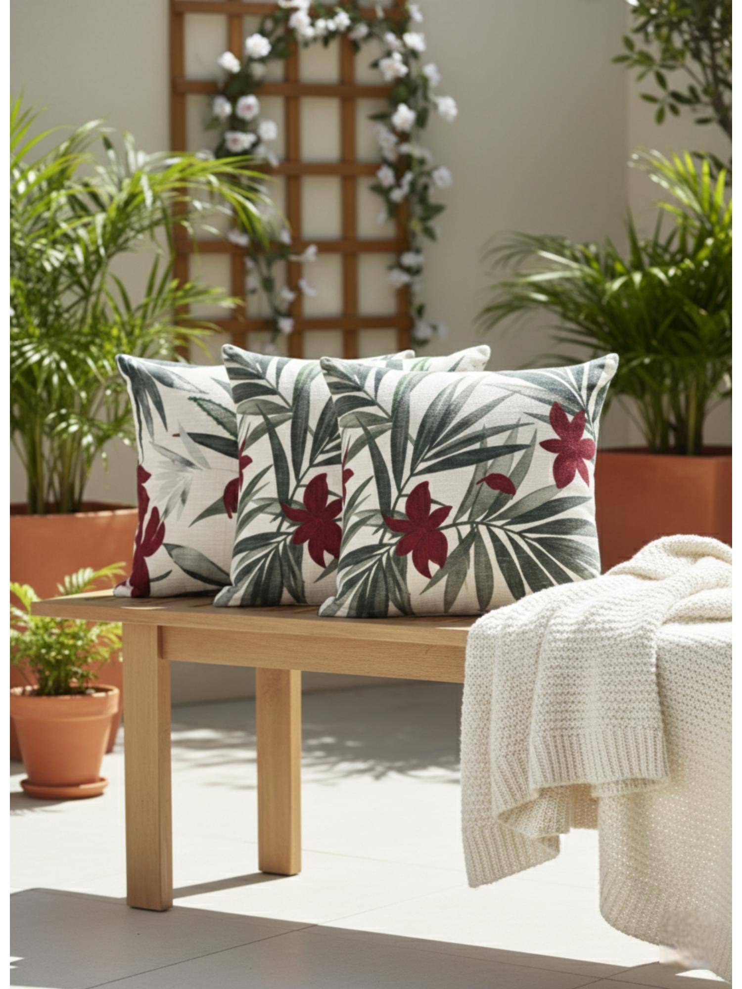 Izaafa Elegant Maroon & Green Botanical Throw Decorative Cushion Covers (18x18 Inches) (Pack of 3)