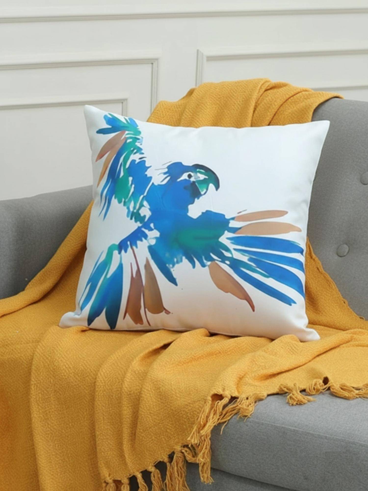 Izaafa Vibrant Watercolor Parrot Decorative Cushion Cover (18x18 Inches)
