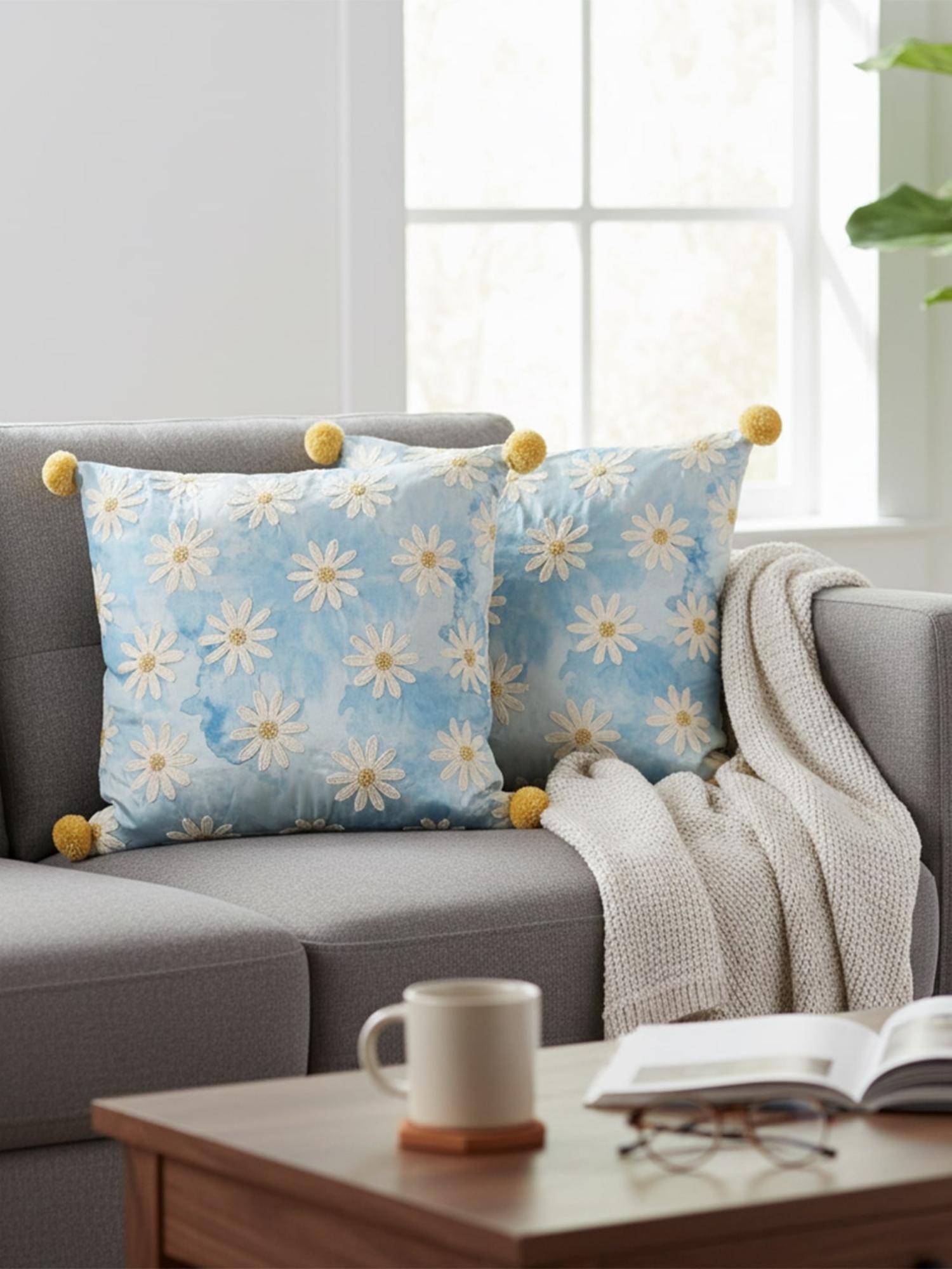 Izaafa Whimsical Daisy Embroidered Throw Decorative Cushion Covers (18x18 Inches) (Pack of 2)