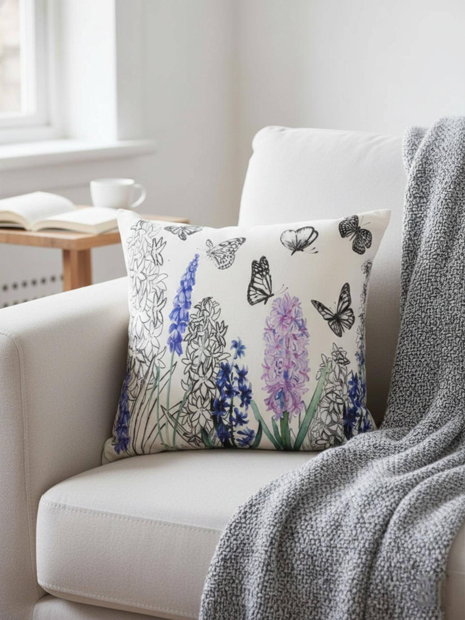 Izaafa Hand-Sketched Floral & Butterfly Throw Decorative Cushion Cover (18x18 Inches)