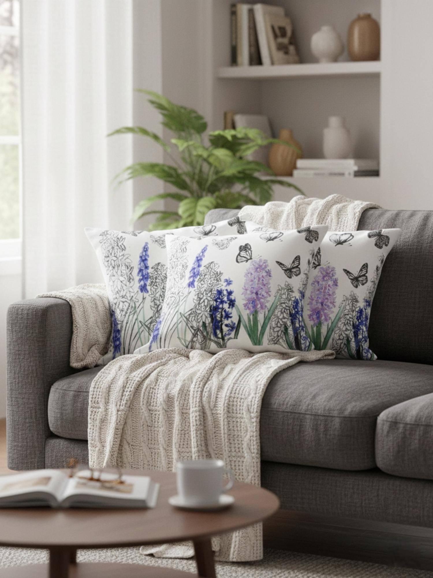 Izaafa Hand-Sketched Floral & Butterfly Throw Decorative Cushion Covers (18x18 Inches) (Pack of 3)