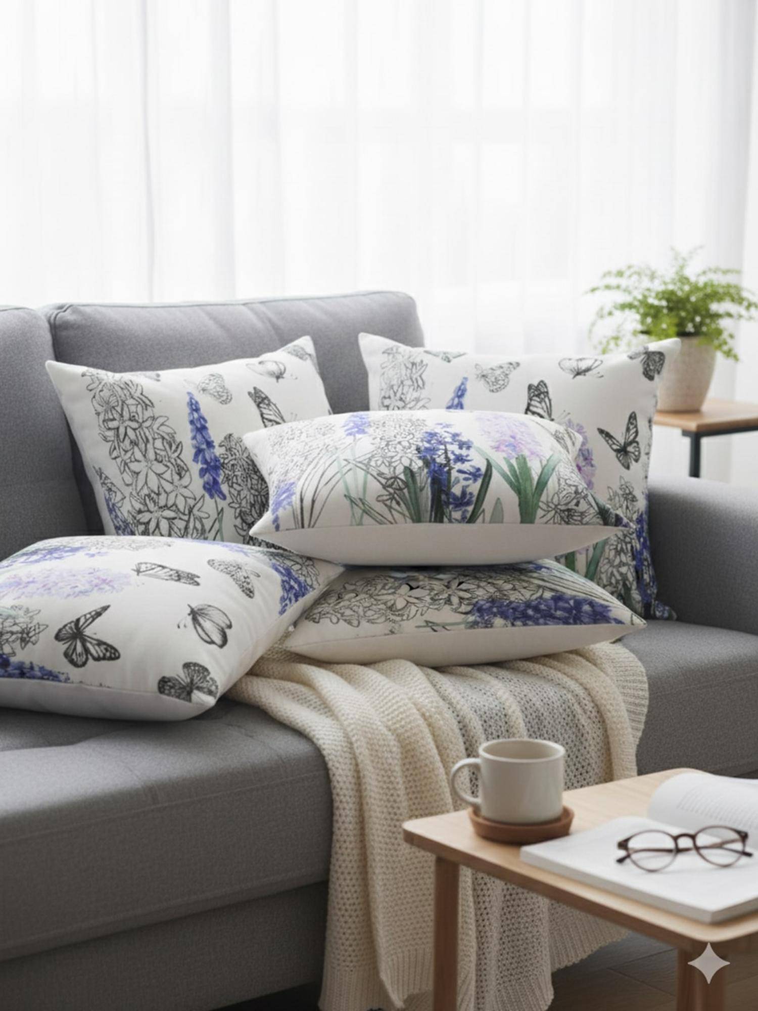 Izaafa Hand-Sketched Floral & Butterfly Throw Decorative Cushion Covers (18x18 Inches) (Pack of 5)