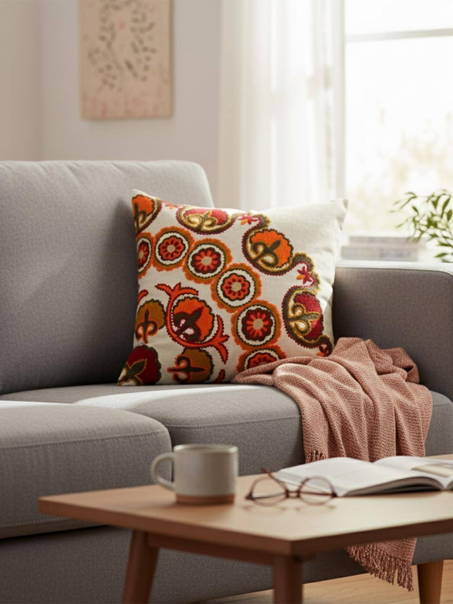 Izaafa Bohemian Suzani Corner Motif Throw Decorative Cushion Cover (18x18 Inches)