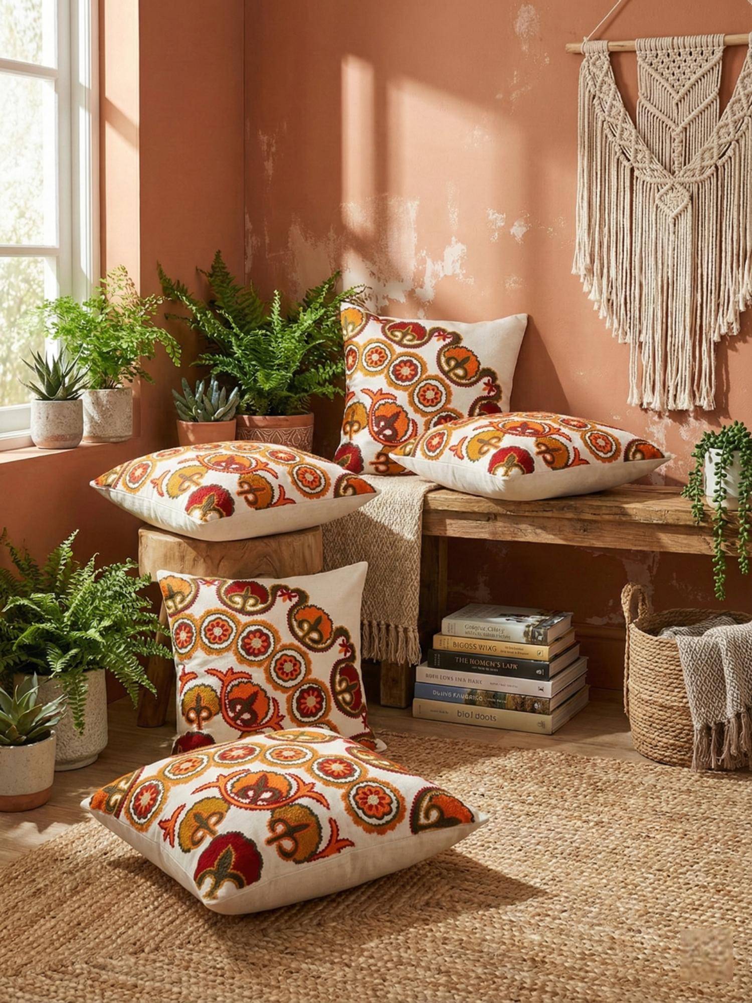 Izaafa Bohemian Suzani Corner Motif Throw Decorative Cushion Covers (18x18 Inches) (Pack of 5)