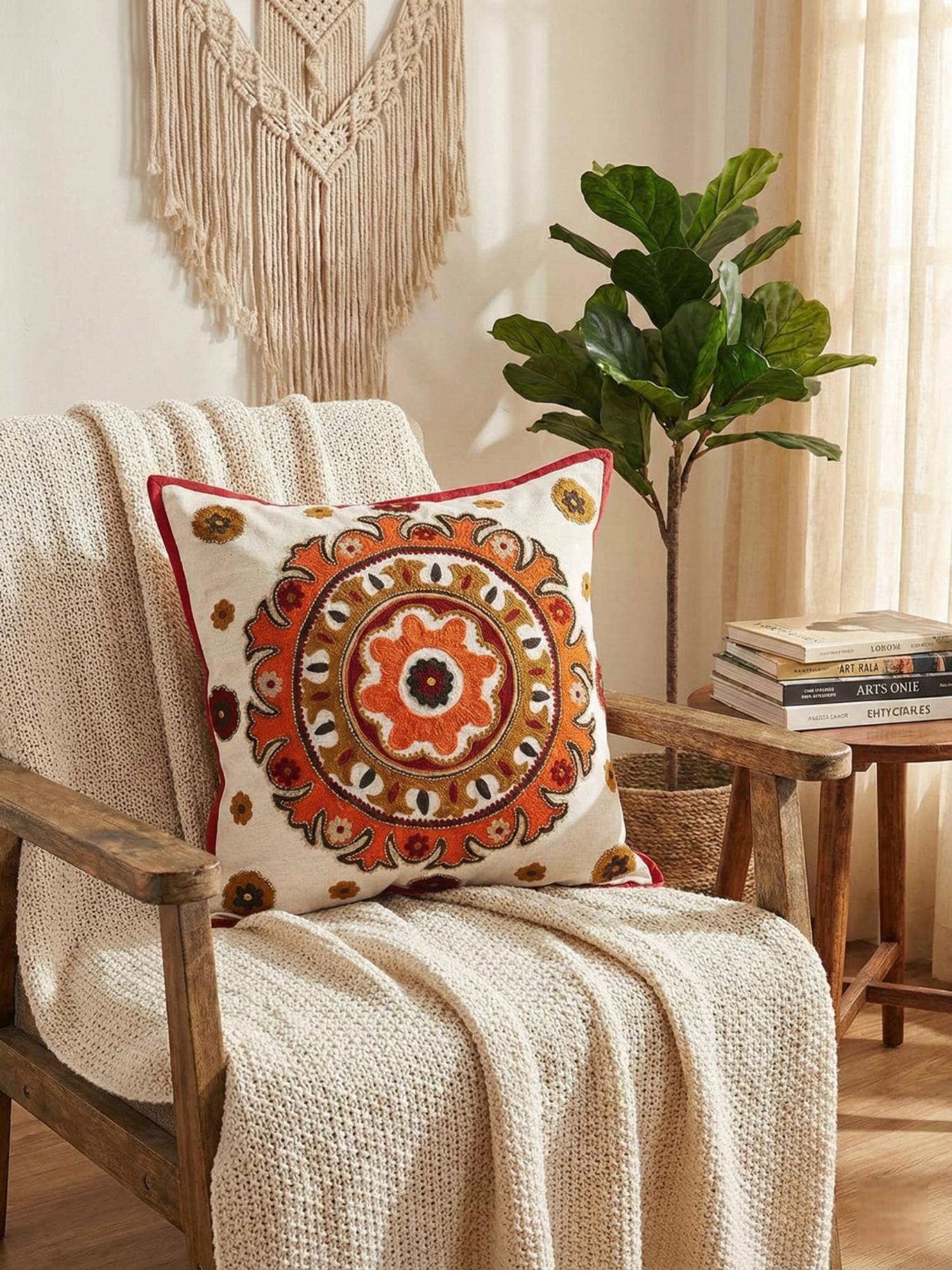 Izaafa Vibrant Embroidered Mandala Throw Decorative Cushion Cover (18x18 Inches)
