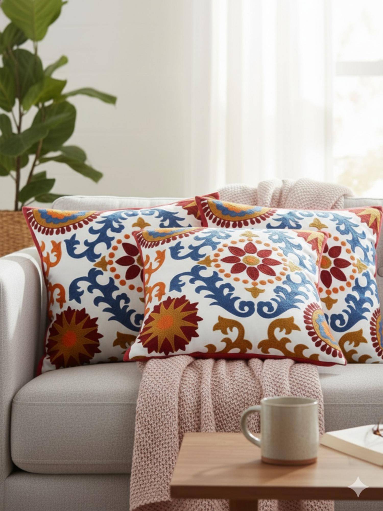 Izaafa Vibrant Suzani Embroidered Throw Decorative Cushion Covers (18x18 Inches) (Pack of 3)