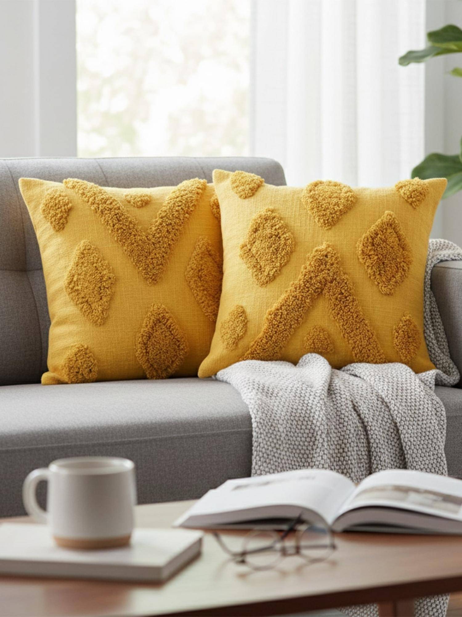 Izaafa Sunny Yellow Tufted Throw Decorative Cushion Covers (18x18 Inches) (Pack of 2)