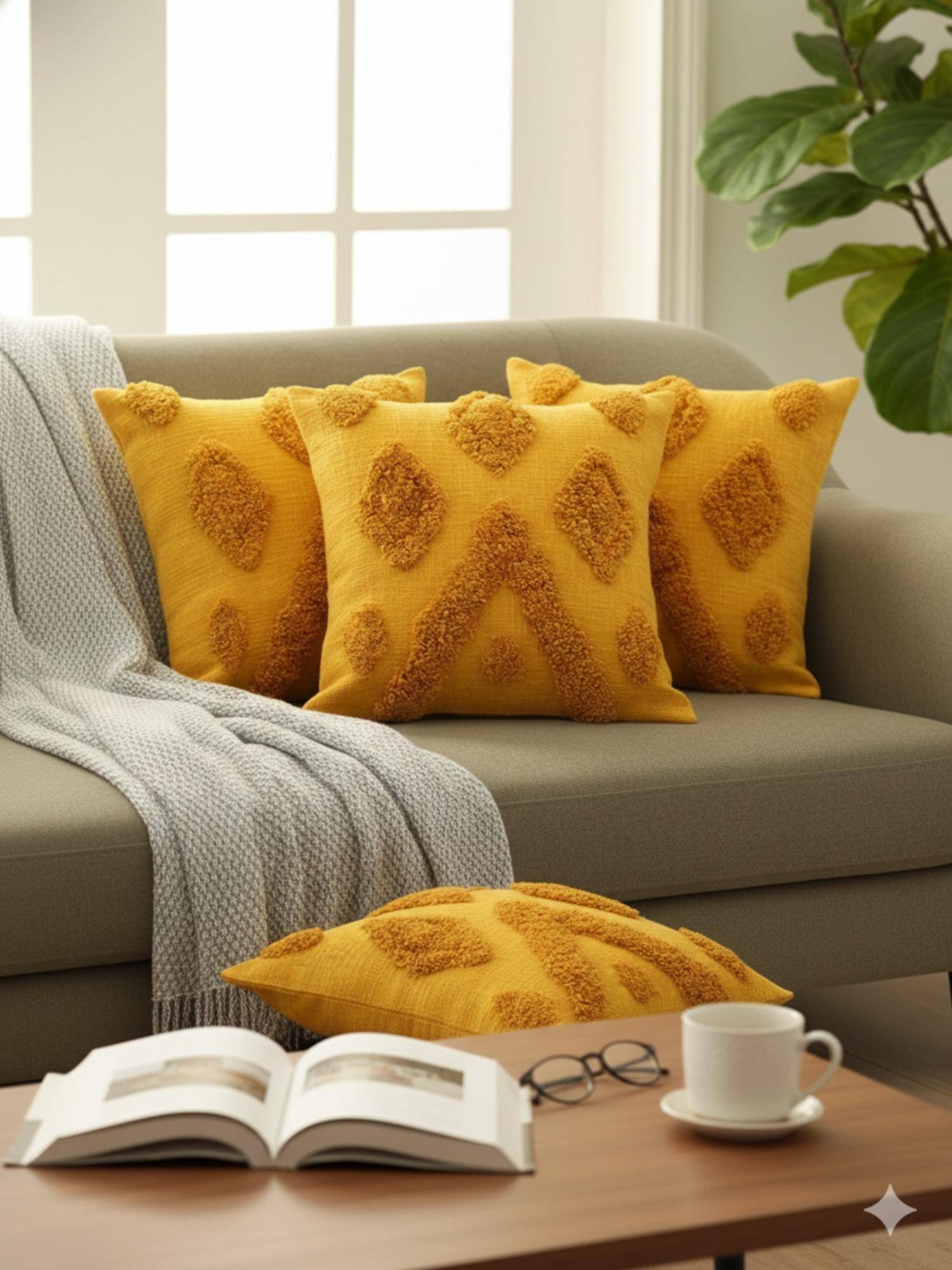 Izaafa Sunny Yellow Tufted Throw Decorative Cushion Covers (18x18 Inches) (Pack of 4)