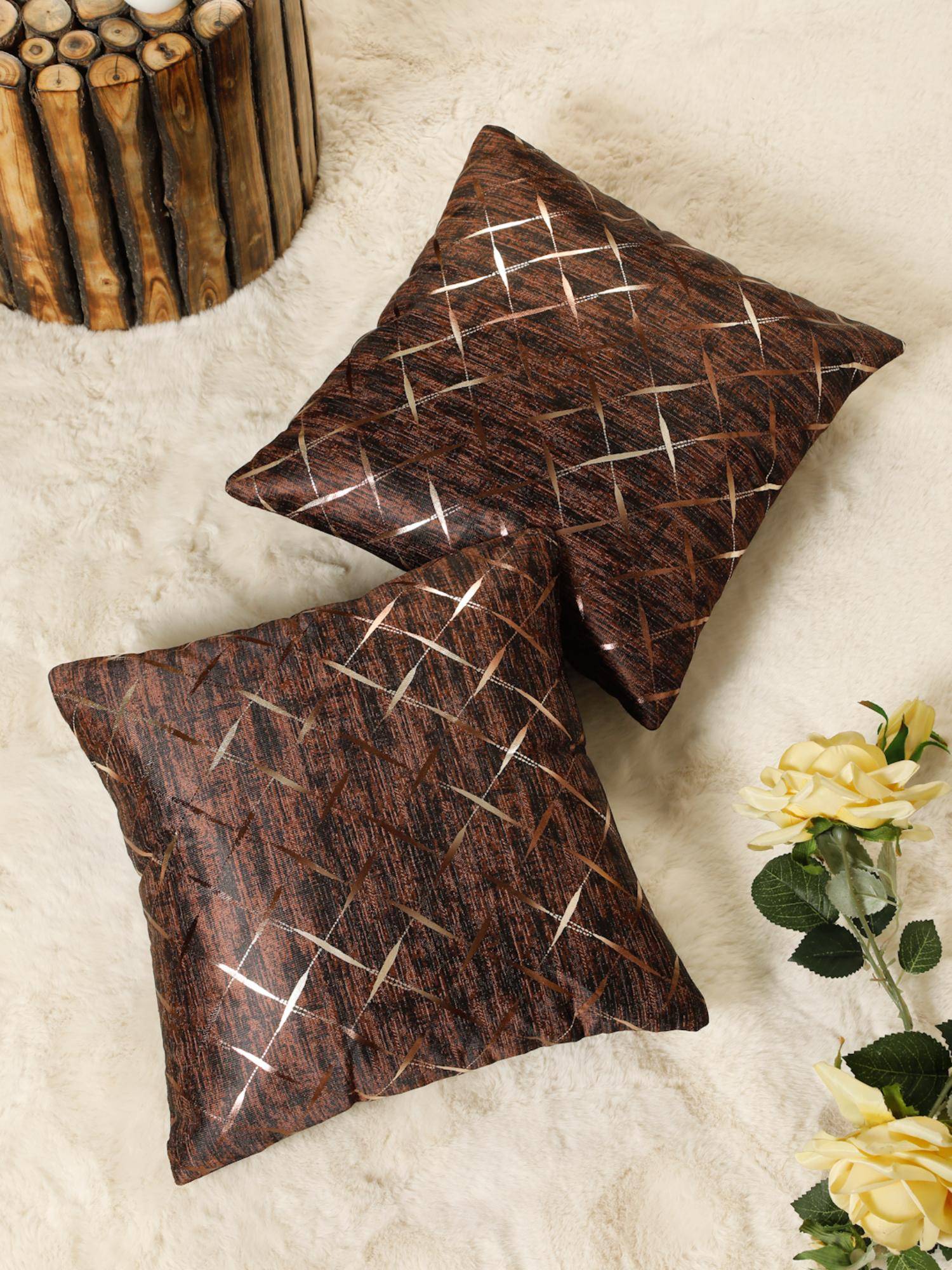 HOSTA HOMES Printed Geometric Square Decorative Cushion Covers - Brown (16x16 Inches)