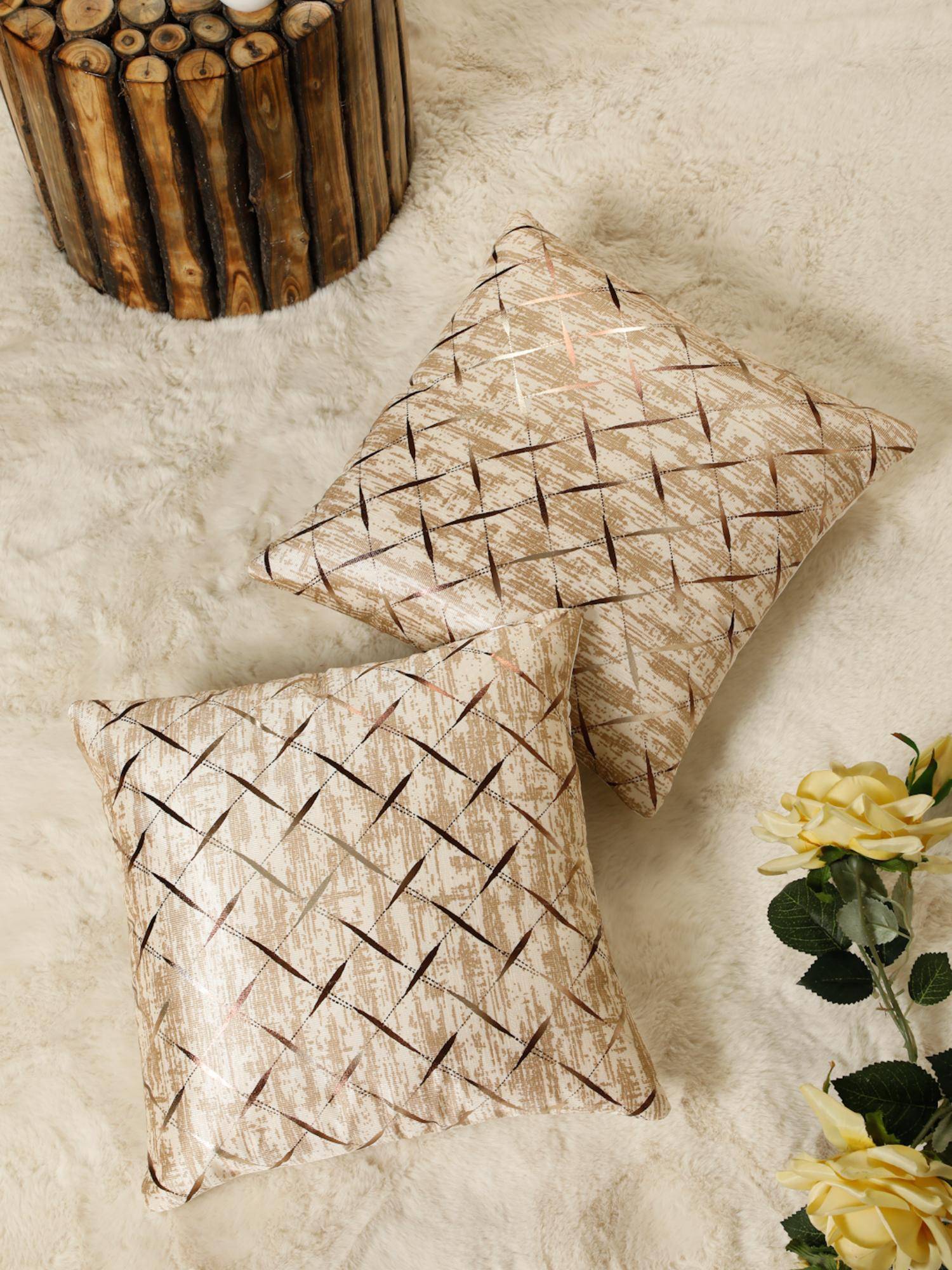 HOSTA HOMES Printed Geometric Square Decorative Cushion Covers - Cream (16x16 Inches)