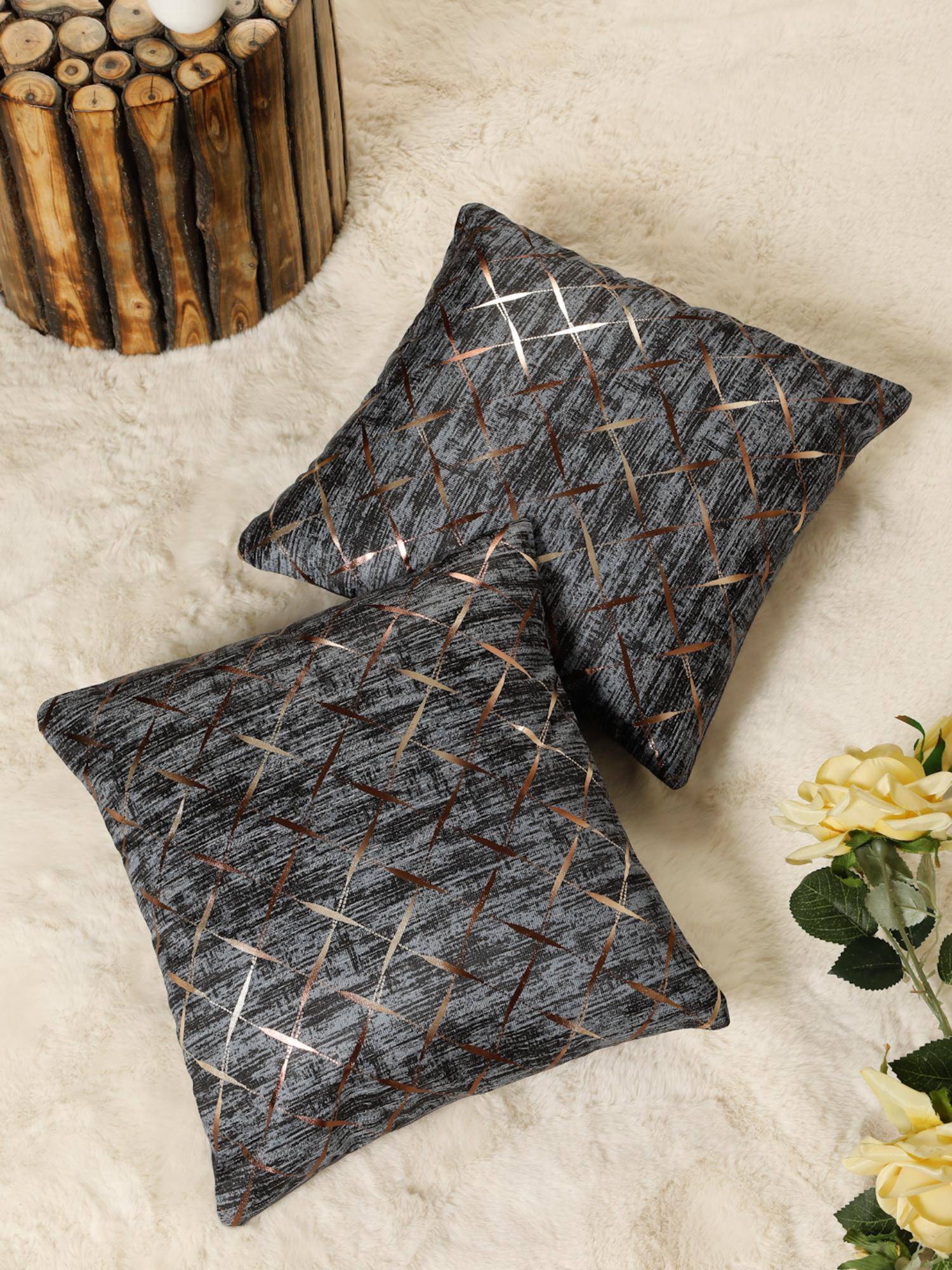 HOSTA HOMES Printed Geometric Square Decorative Cushion Covers - Grey (16x16 Inches)