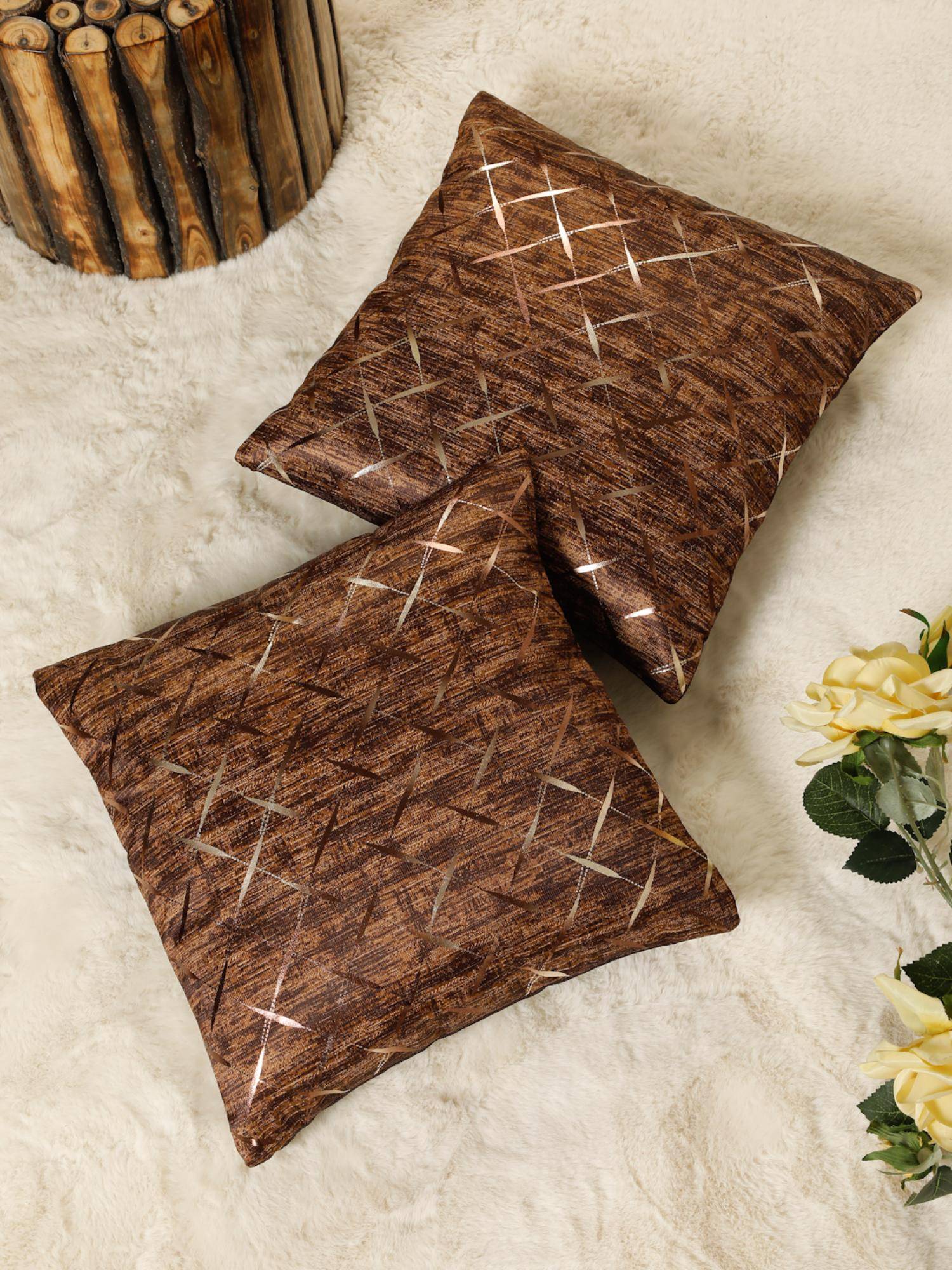 HOSTA HOMES Printed Geometric Square Decorative Cushion Covers - Beige (16x16 Inches)