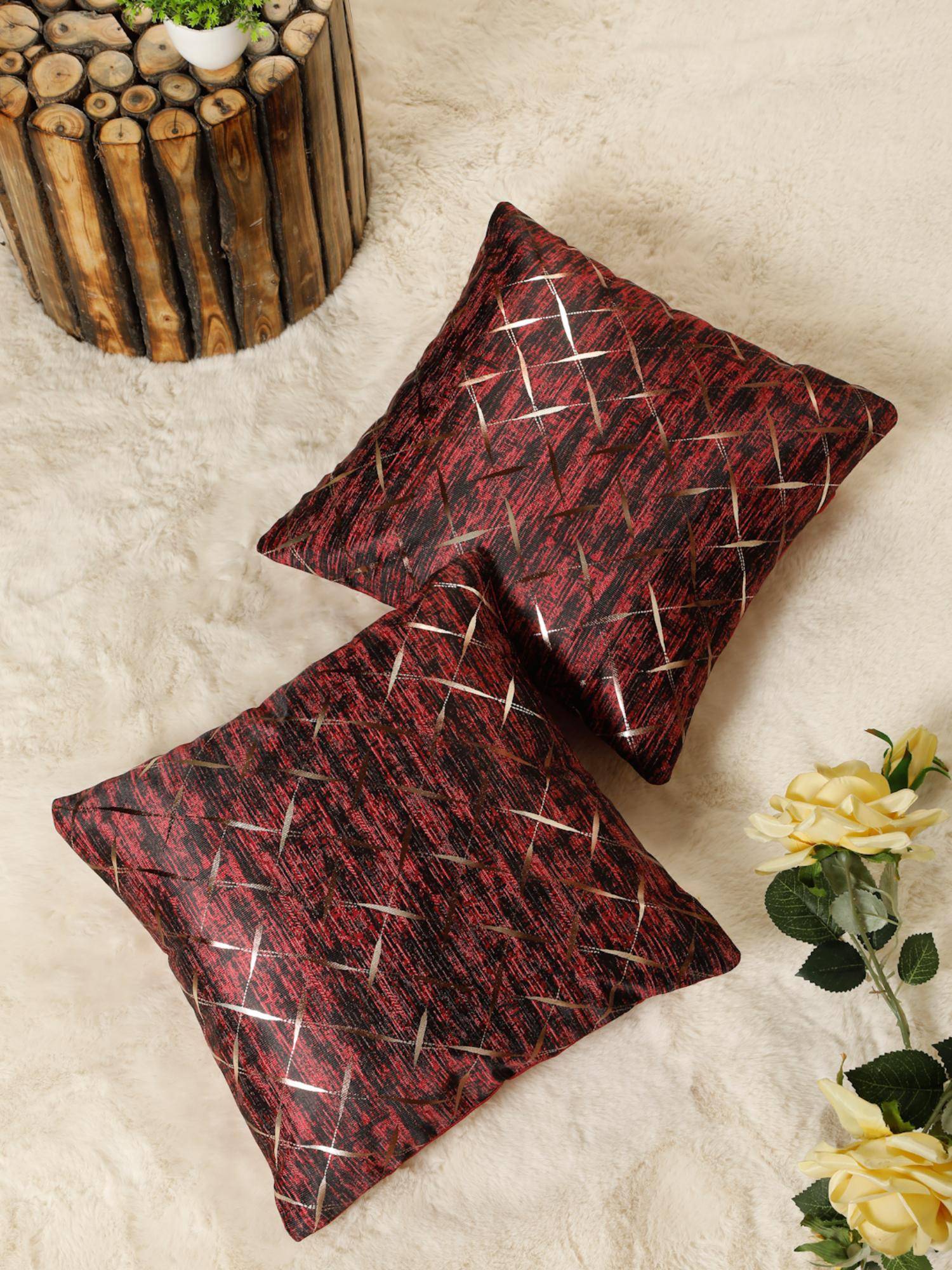 HOSTA HOMES Printed Geometric Square Decorative Cushion Covers - Maroon (16x16 Inches)