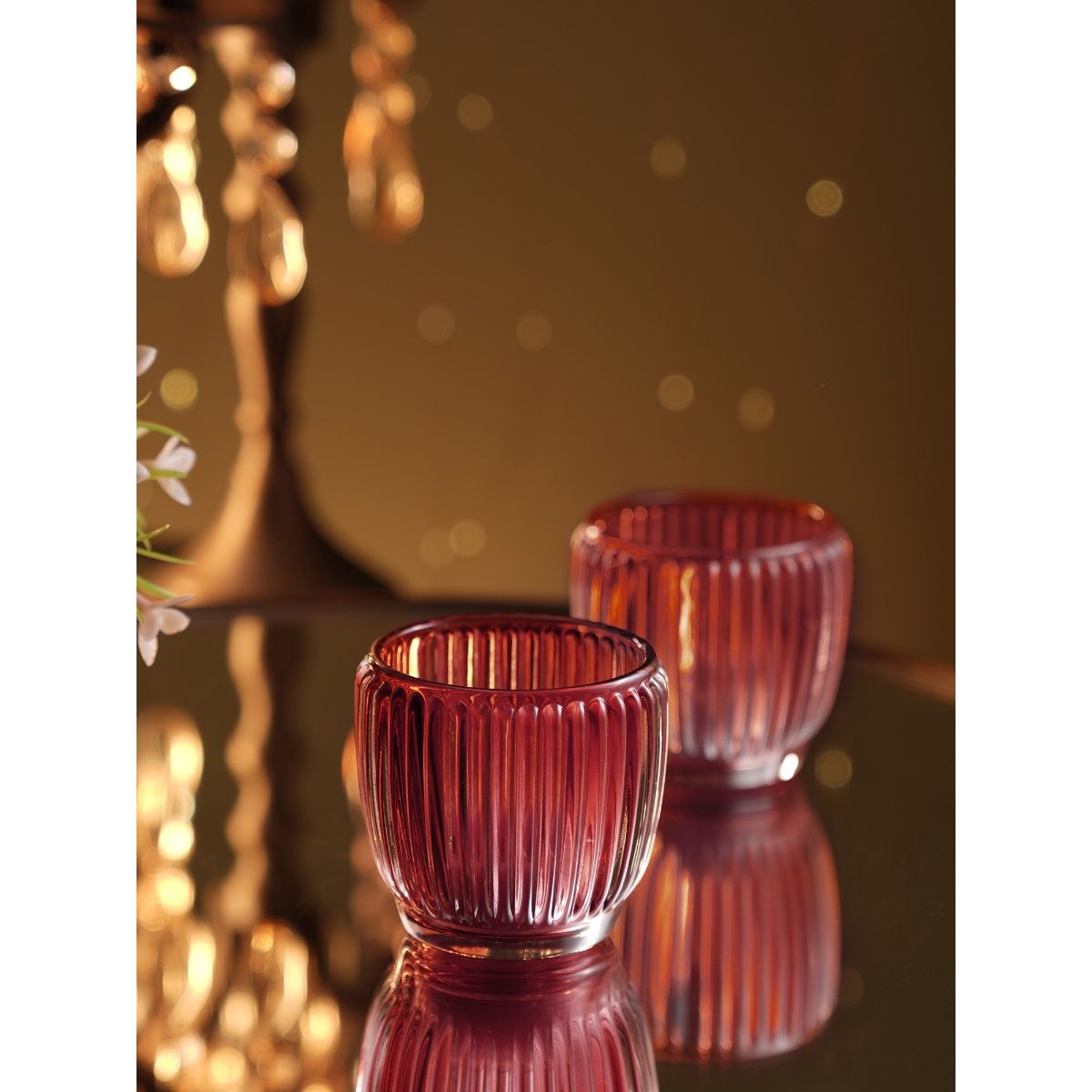 Buy Pure Home + Living Maroon Glass Ribbed Tealight Holders (Pack of 4
