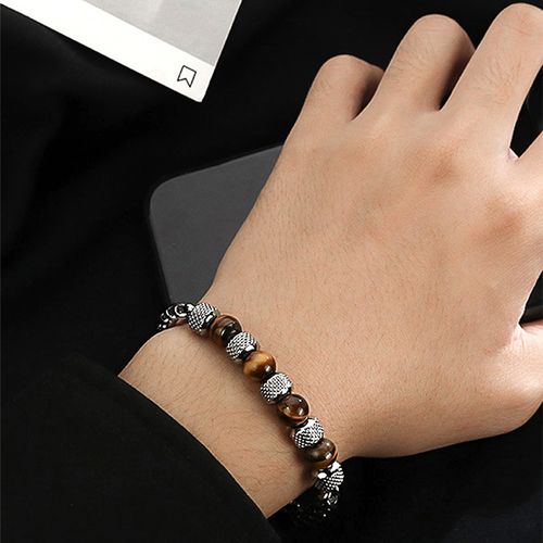 MENGLINA Natural Tiger Eye Stone Bracelet - 8mm Beads With Stainless Steel Chain, Adjustable Unisex Yoga Bracelet