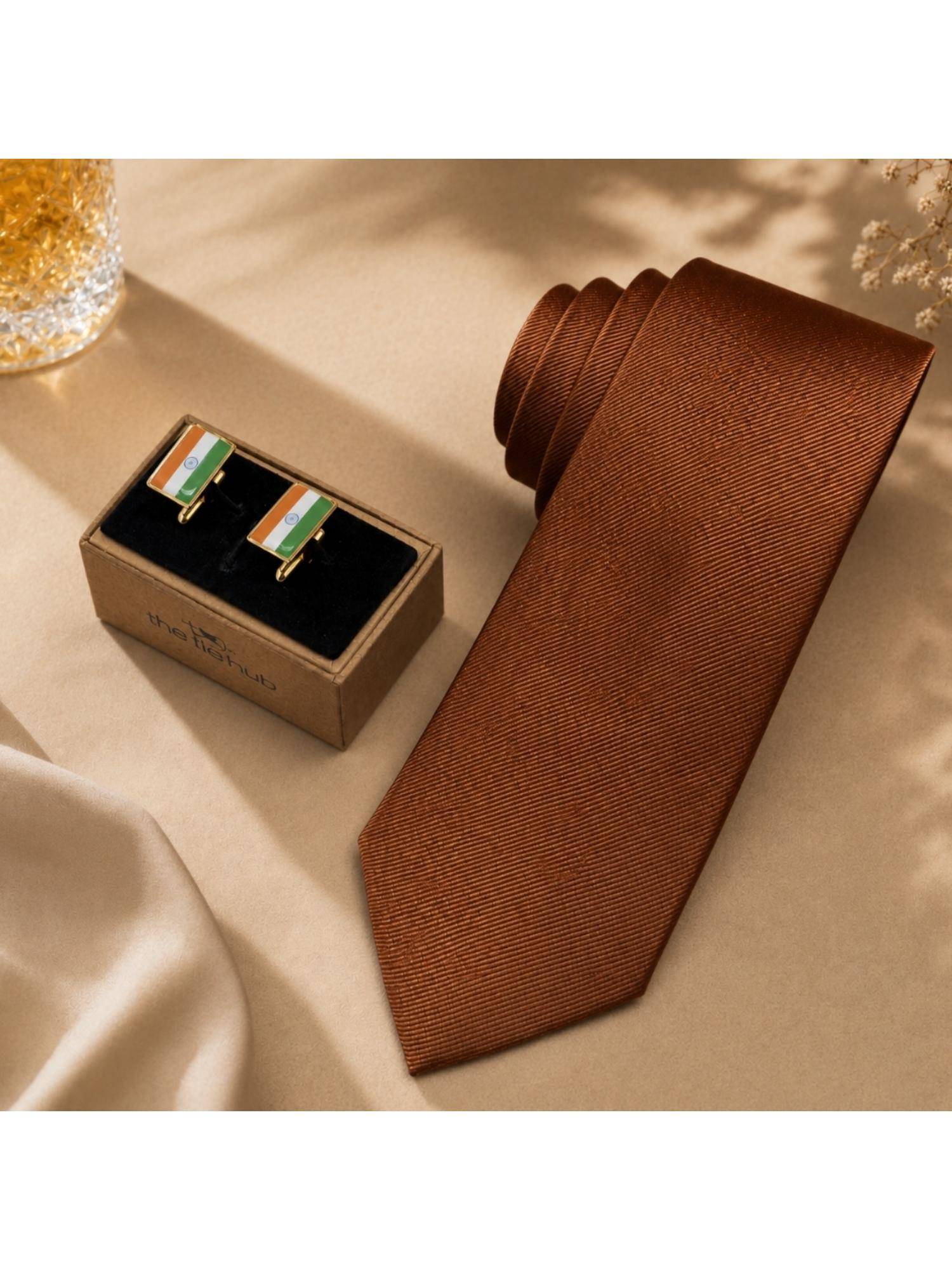 The Tie Hub Solid Rust Silk Necktie Combo Set With India Flag Rectangular Brass Cufflinks For Men