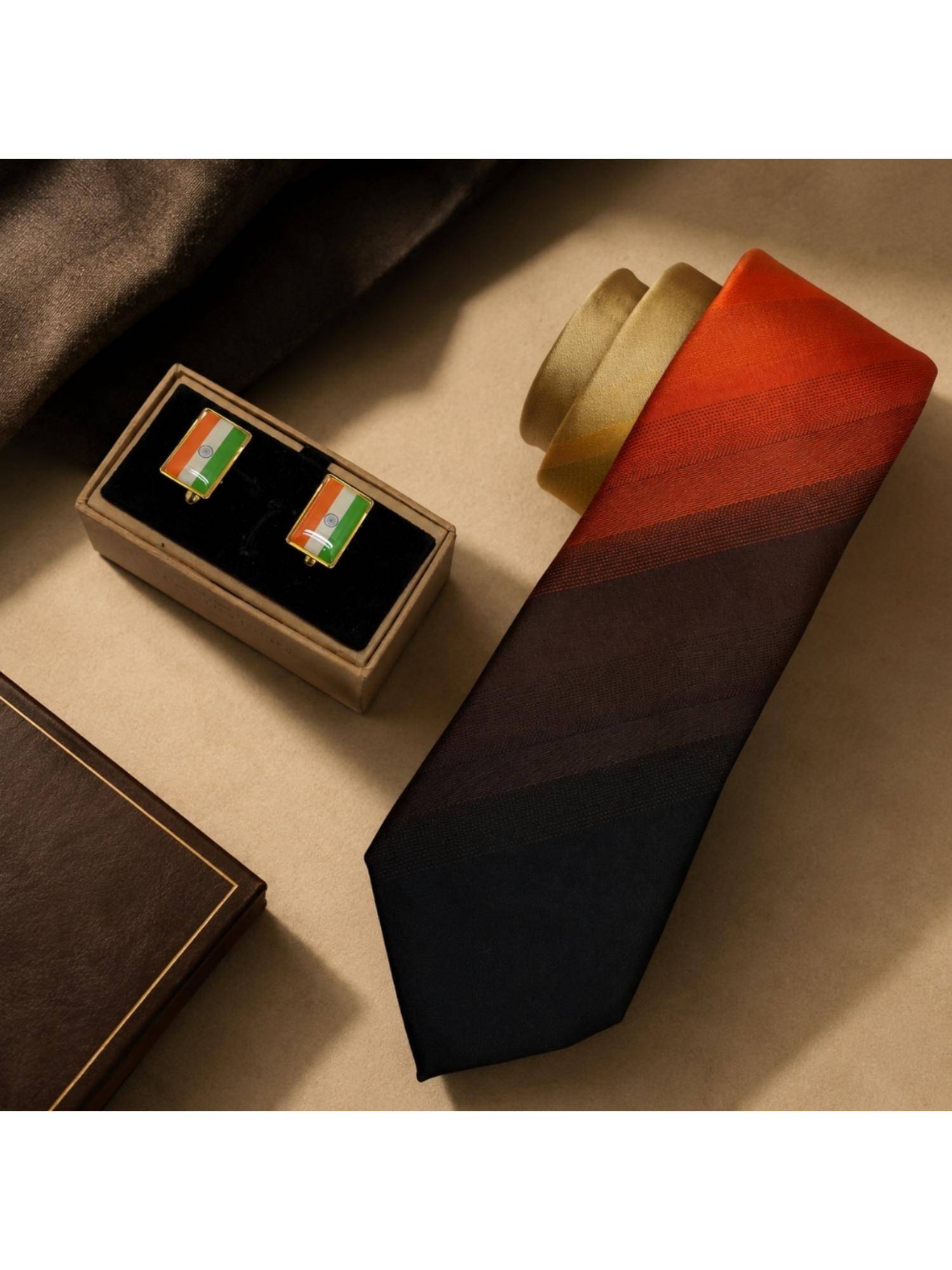 The Tie Hub Gradient Orange & Black Necktie India Flag Rectangular Brass Cufflinks For Men