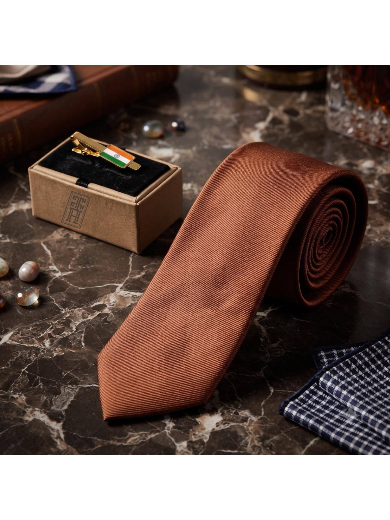 The Tie Hub Solid Rust Silk Necktie Combo Set With India Flag Rectangular Brass Tie Bar For Men