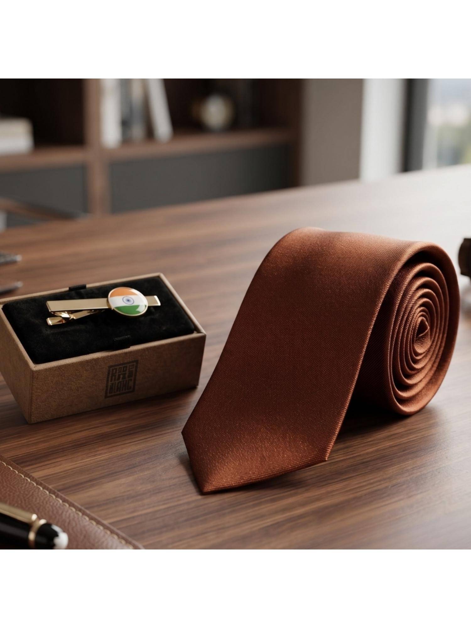 The Tie Hub Solid Rust Silk Necktie Combo Set With India Flag Round Brass Tie Bar For Men