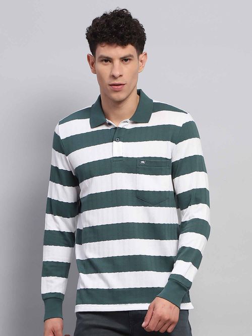 Buy Monte Carlo Men Striped Green White Collar Neck Full Sleeve